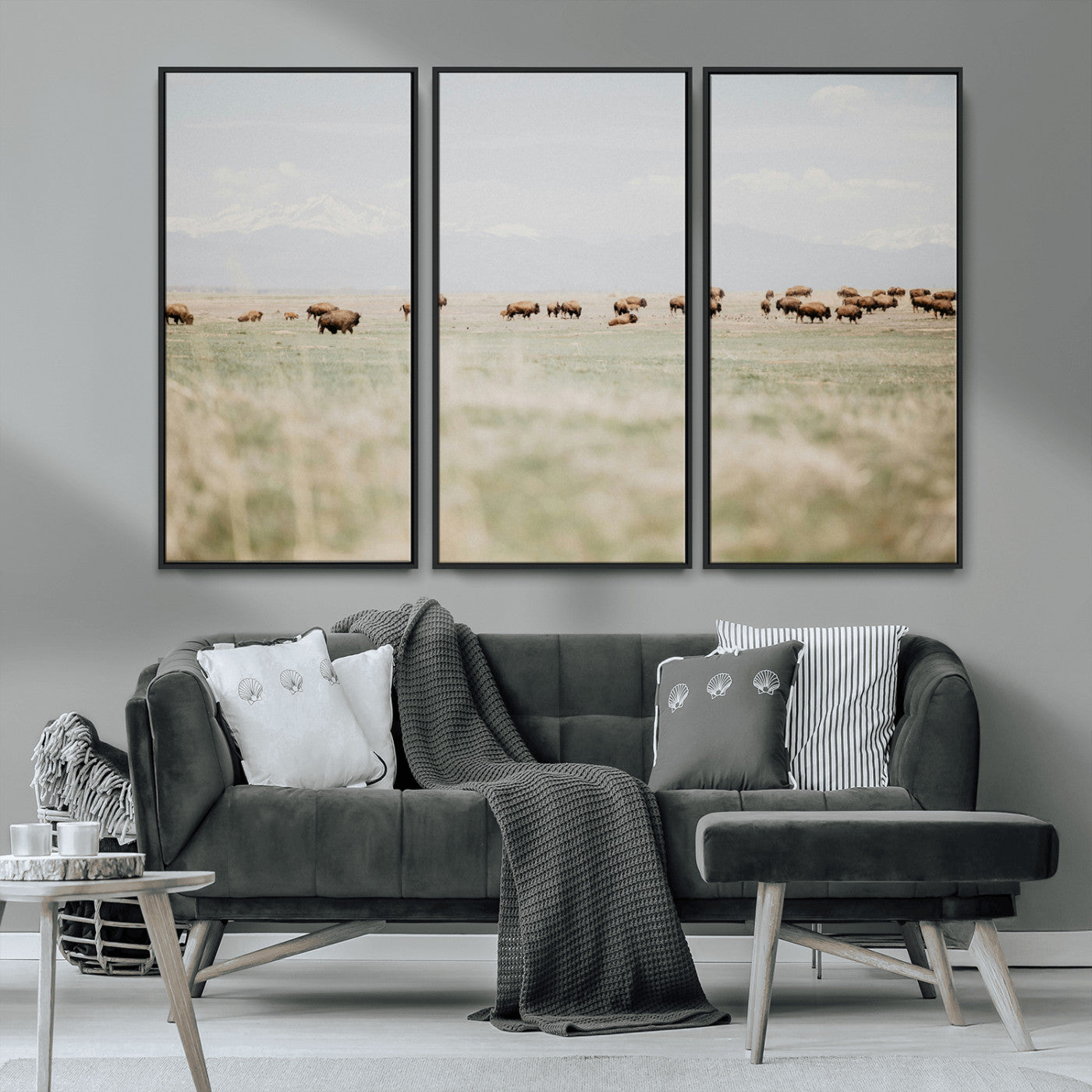MGV-FC-48X32-3P - Bison Herd Wall Art Canvas Print, Framed Western Art Picture Print, Bison Perfect Ranch Decor Artwork