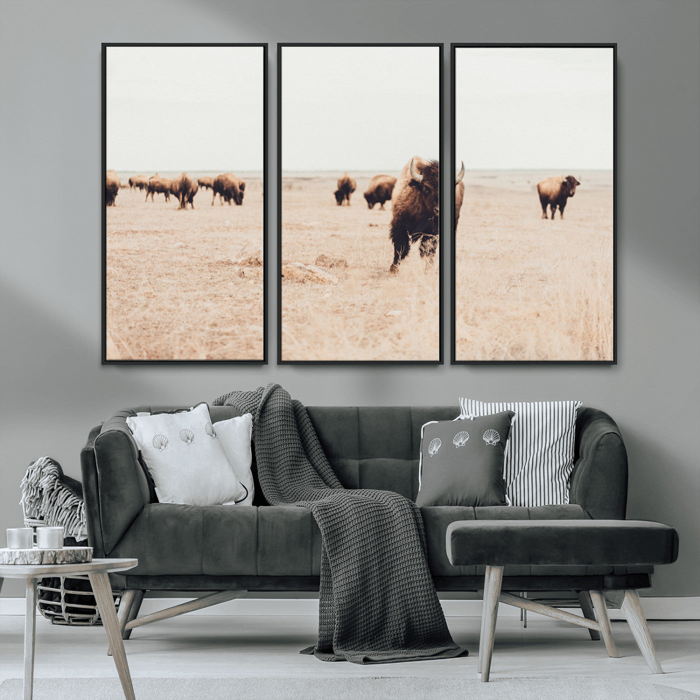 MGV-FC-48X32-3P - Bison Herd Wall Art Canvas Print, Framed Western Art Picture Print, Prairie Serenity Perfect Ranch Decor Artwork
