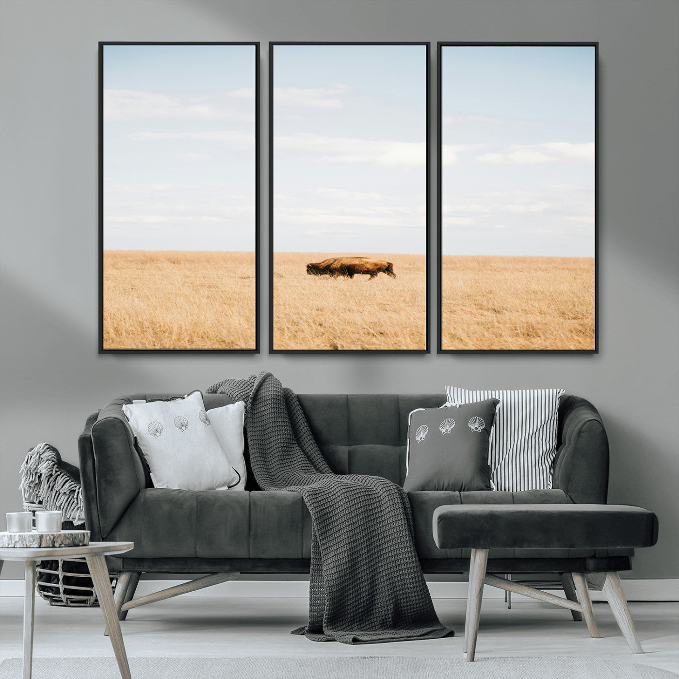 MGV-FC-48X32-3P - Minimalist Nature Wall Art Canvas Print, Framed Bison In Grassland Art Picture Print, Open Field Perfect Modern Ranch Decor Decor Artwork