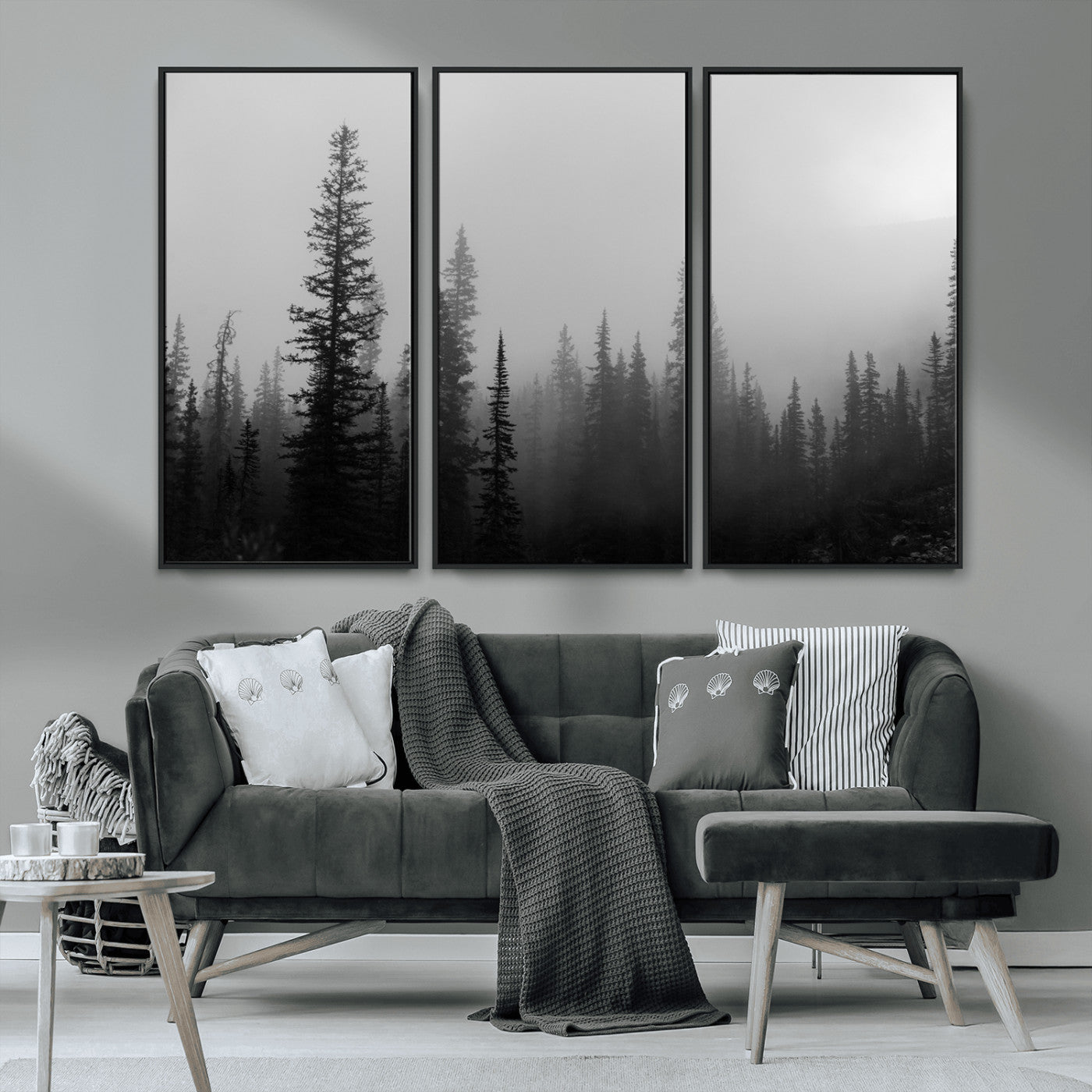 MGV-FC-48X32-3P - Misty Pines Wall Art Canvas Print, Framed Woodland Photography Art Picture Print, Minimalist Decor Perfect Rustic Decor Artwork