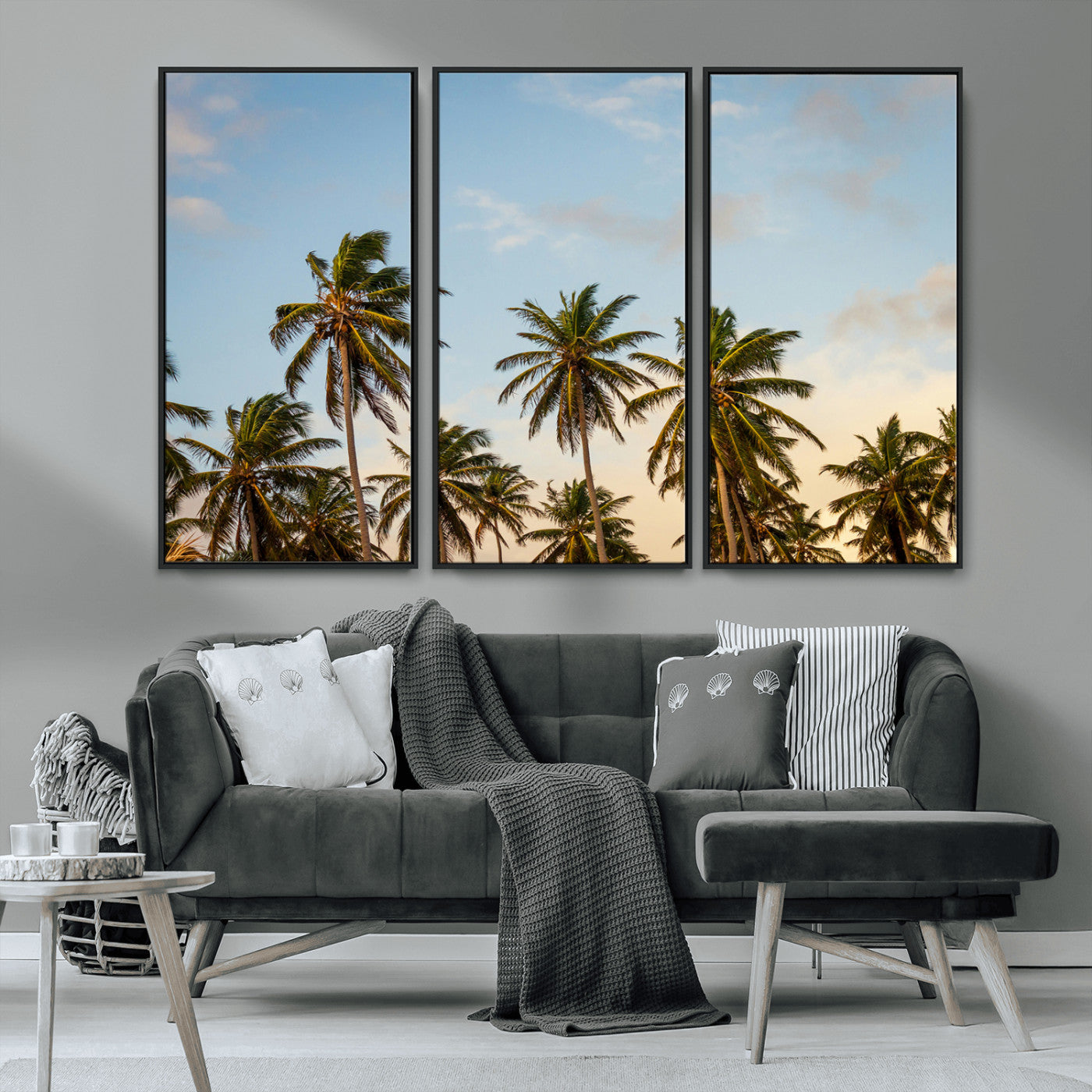 MGV-FC-48X32-3P - Palm Trees Wall Art Canvas Print, Framed Tropical Vibes Art Picture Print, Coastal Sunset Perfect Coastal Boho Decor Artwork