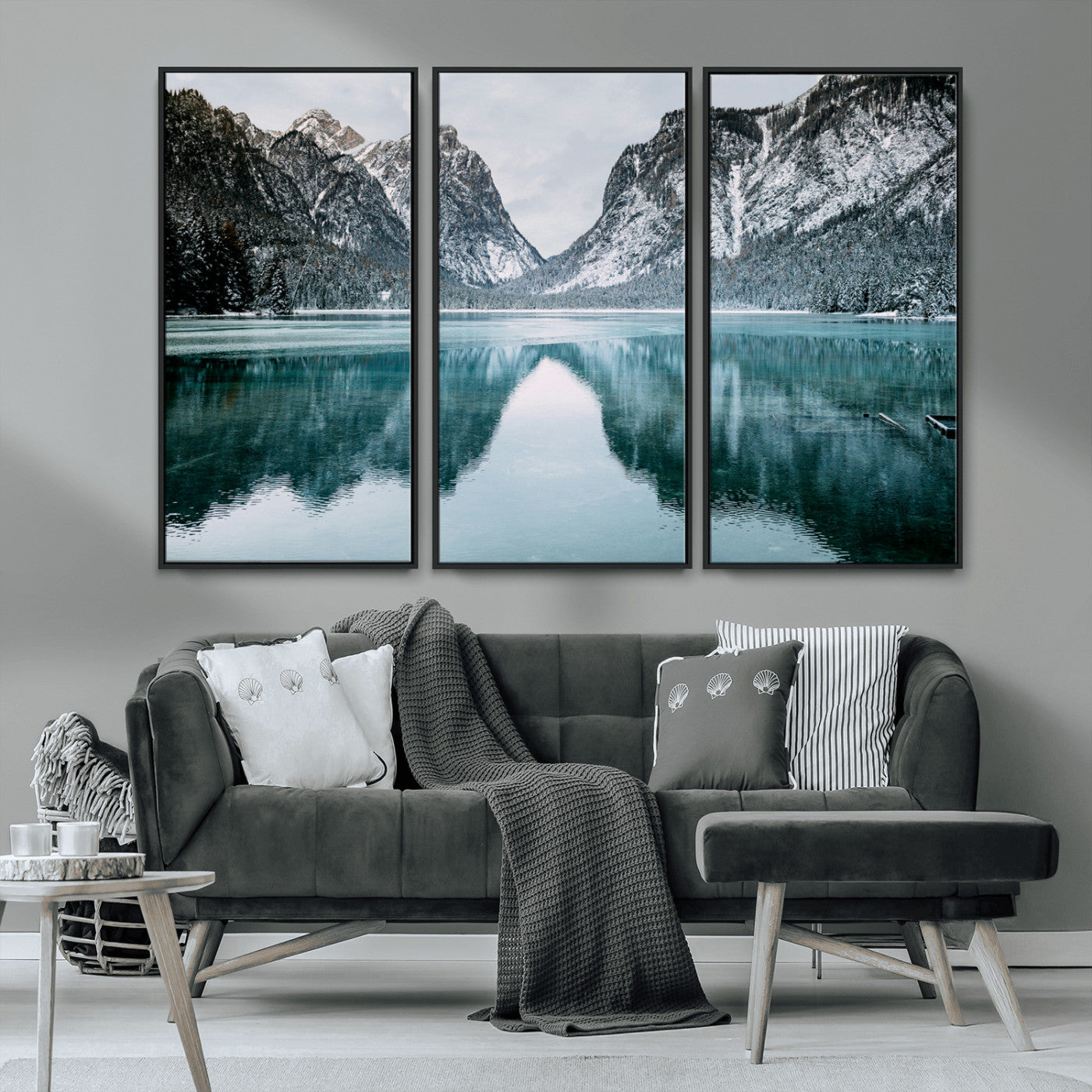 MGV-FC-48X32-3P - Mountain Lake Wall Art Canvas Print, Framed Wonderland Art Picture Print, Snowy Peaks Perfect Nature Decor Artwork