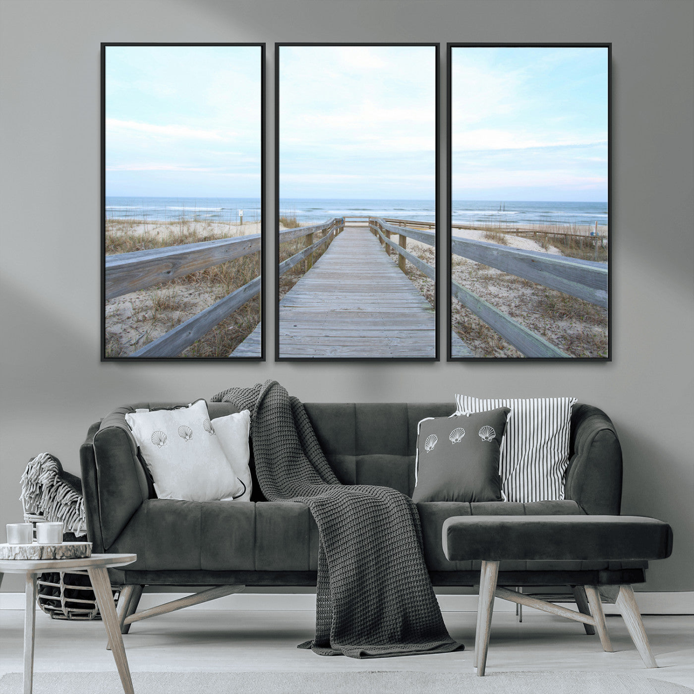 MGV-FC-48X32-3P - Beach Boardwalk Wall Art Canvas Print, Framed Coastal Serenity Art Picture Print, Ocean View Perfect Coastal Decor Artwork