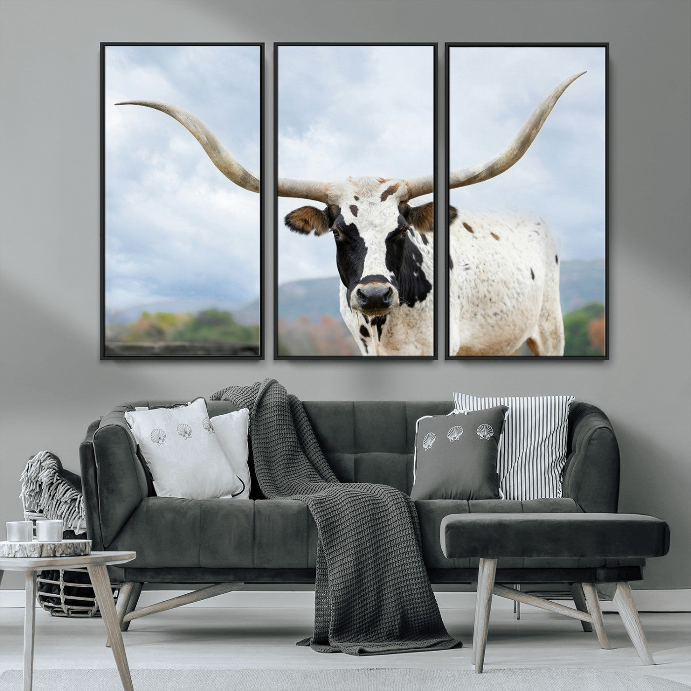 MGV-FC-48X32-3P - Texas Longhorn Wall Art Canvas Print, Framed Western Rustic Art Picture Print, Farmhouse Decor Perfect Farmhouse Decor Artwork