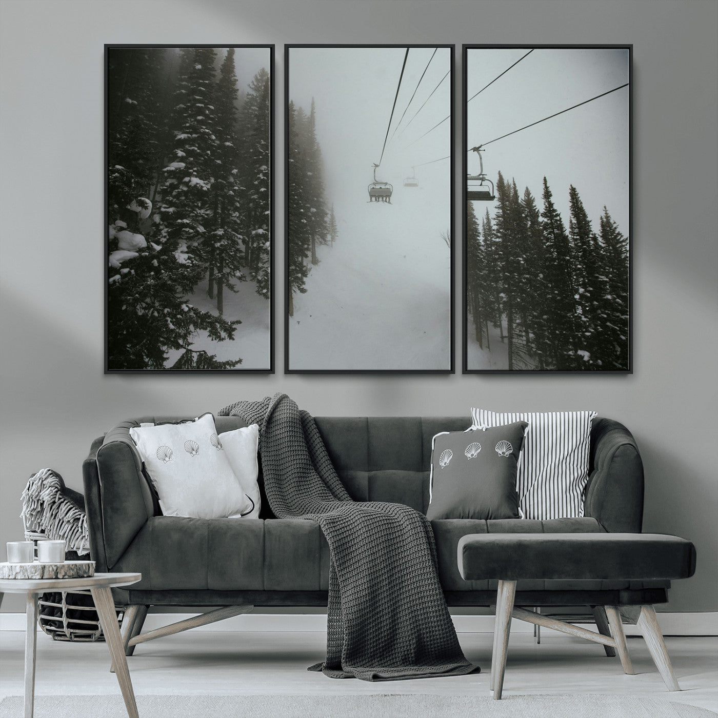 MGV-FC-48X32-3P - Ski Lift Wall Art Canvas Print, Framed Snowy Pines Art Picture Print, Misty Landscape Perfect Winter Serenity Decor Artwork