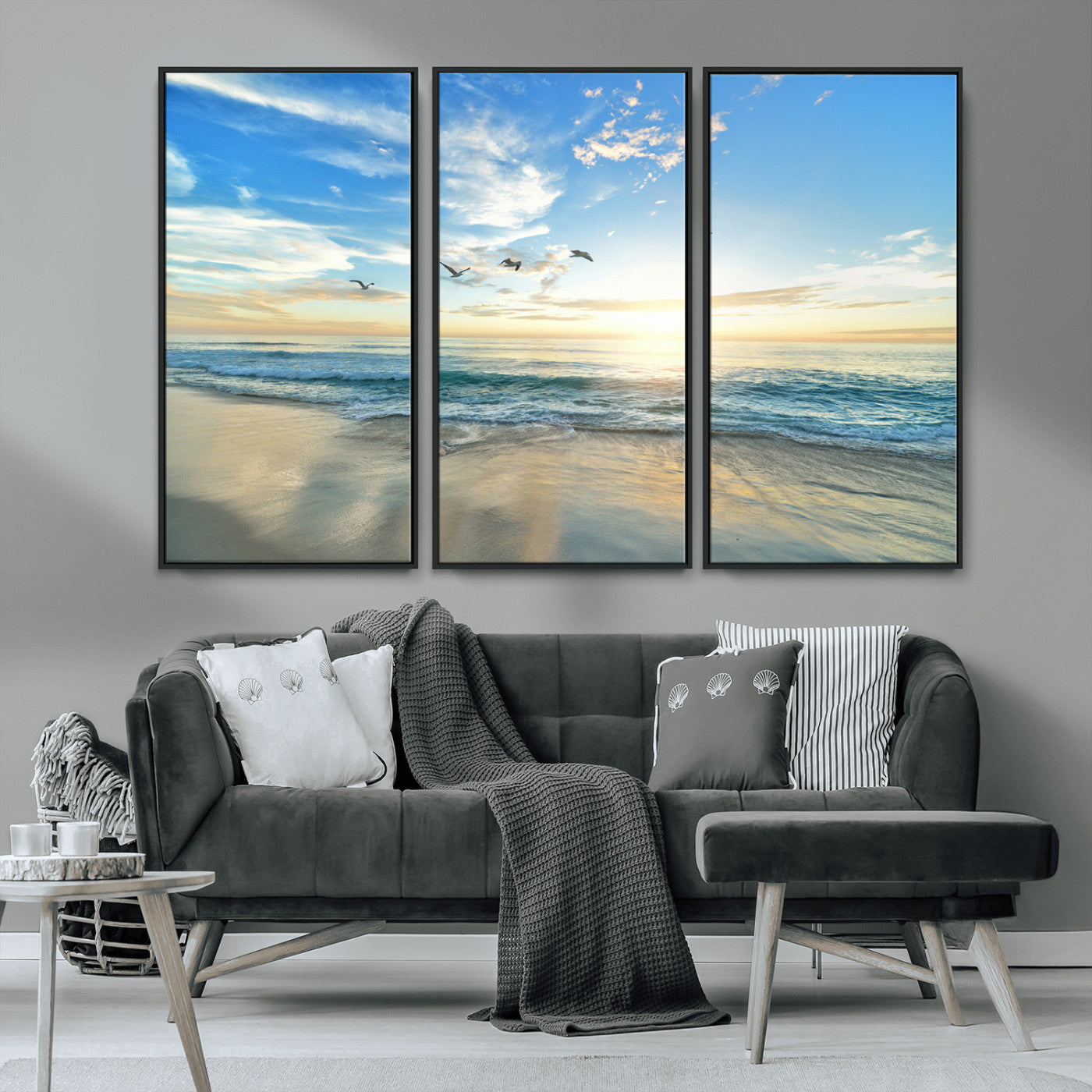 MGV-FC-48X32-3P - Minimalist Seaside Wall Art Canvas Print, Framed Morning Glow Art Picture Print, Golden Reflections Perfect Coastal Minimalist Decor Artwork