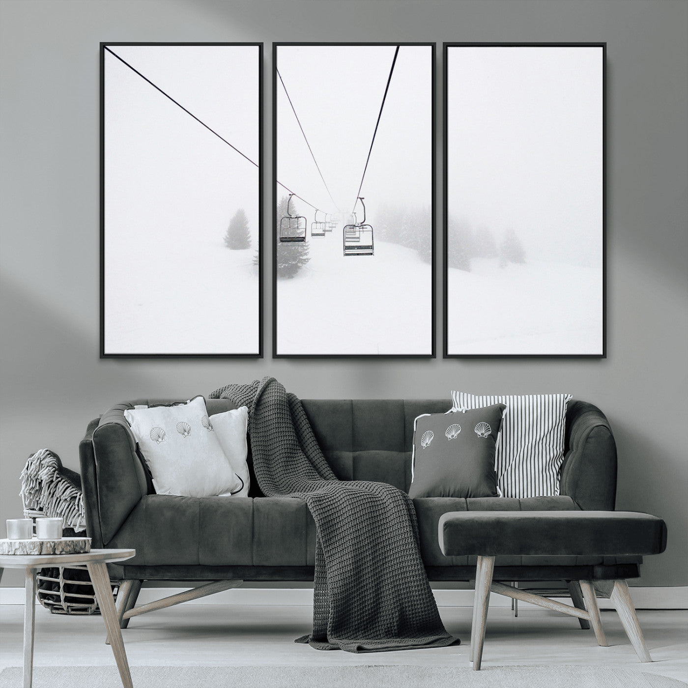 MGV-FC-48X32-3P - Ski Lift Wall Art Canvas Print, Framed Snowy Landscape Art Picture Print, Alpine Adventure Perfect Nordic Minimalist Decor Artwork