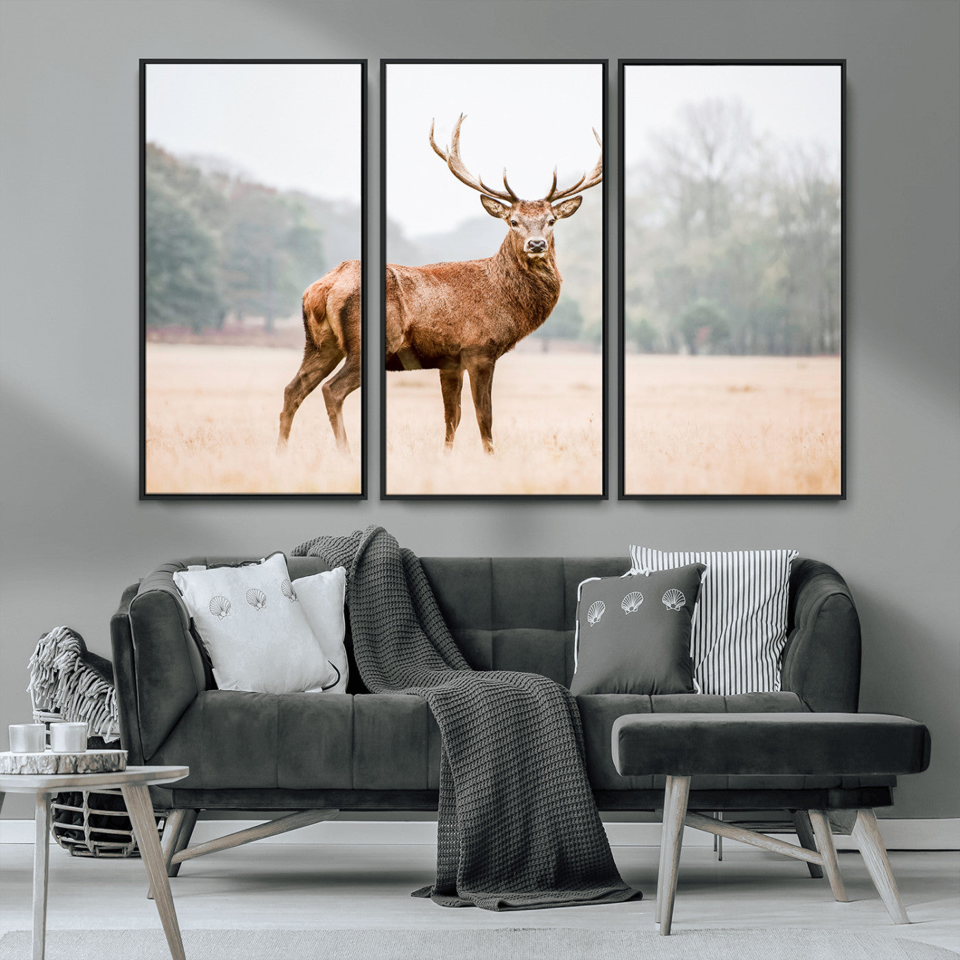 MGV-FC-48X32-3P - Vintage Wildlife Art Wall Art Canvas Print, Framed Misty Landscape Art Picture Print, Deer Wall Art Perfect Rustic Wildlife Decor Artwork