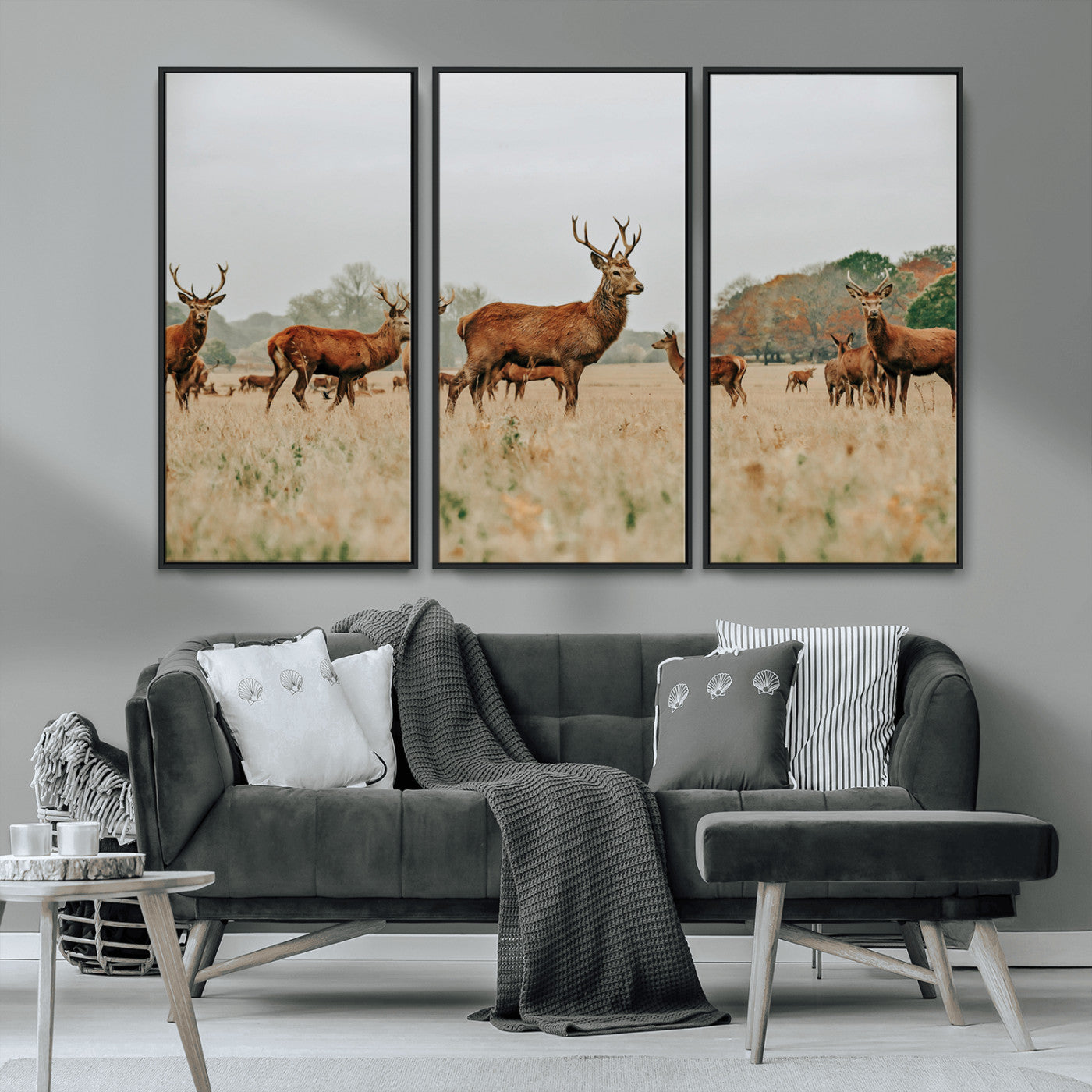 MGV-FC-48X32-3P - Rustic Deer Print Wall Art Canvas Print, Framed Autumn Nature Canvas Art Picture Print, Wildlife Art Print Perfect Rustic Wildlife Decor Artwork