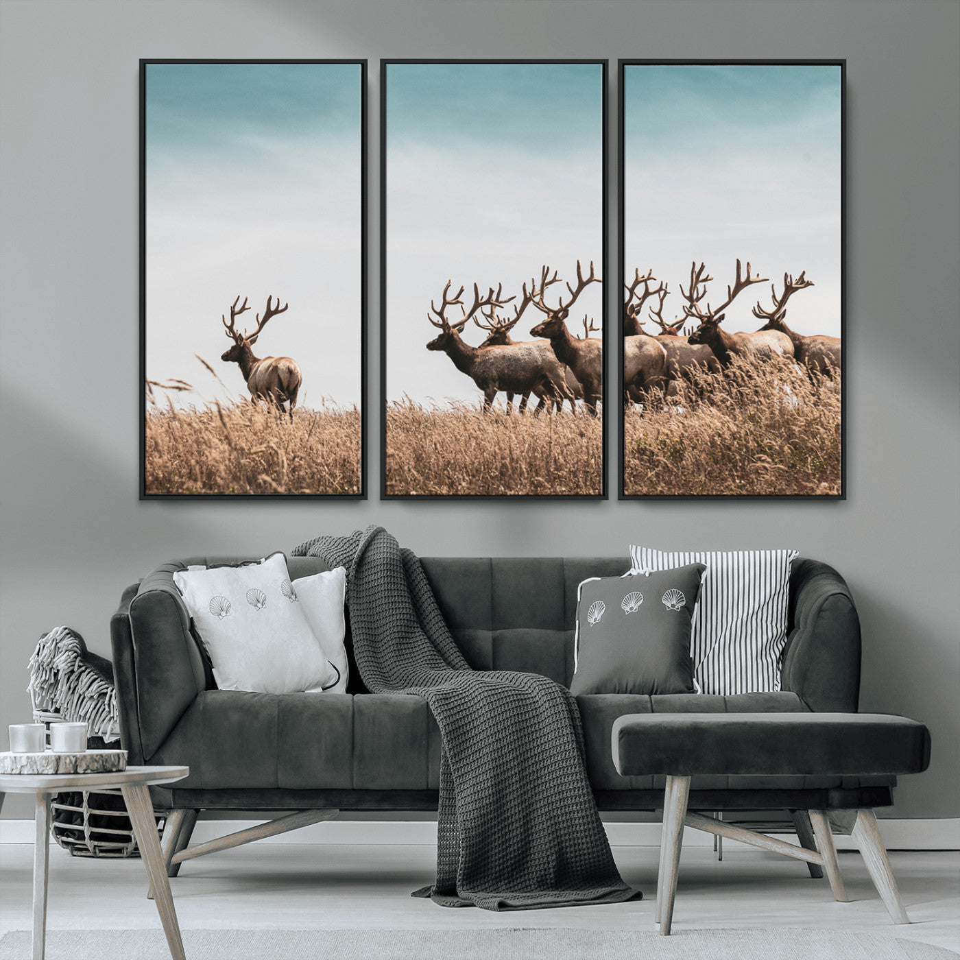 MGV-FC-48X32-3P - Elk Herd Wall Art Canvas Print, Framed Wildlife Photography Art Picture Print, Rustic Nature Print Perfect Rustic Wildlife Decor Artwork