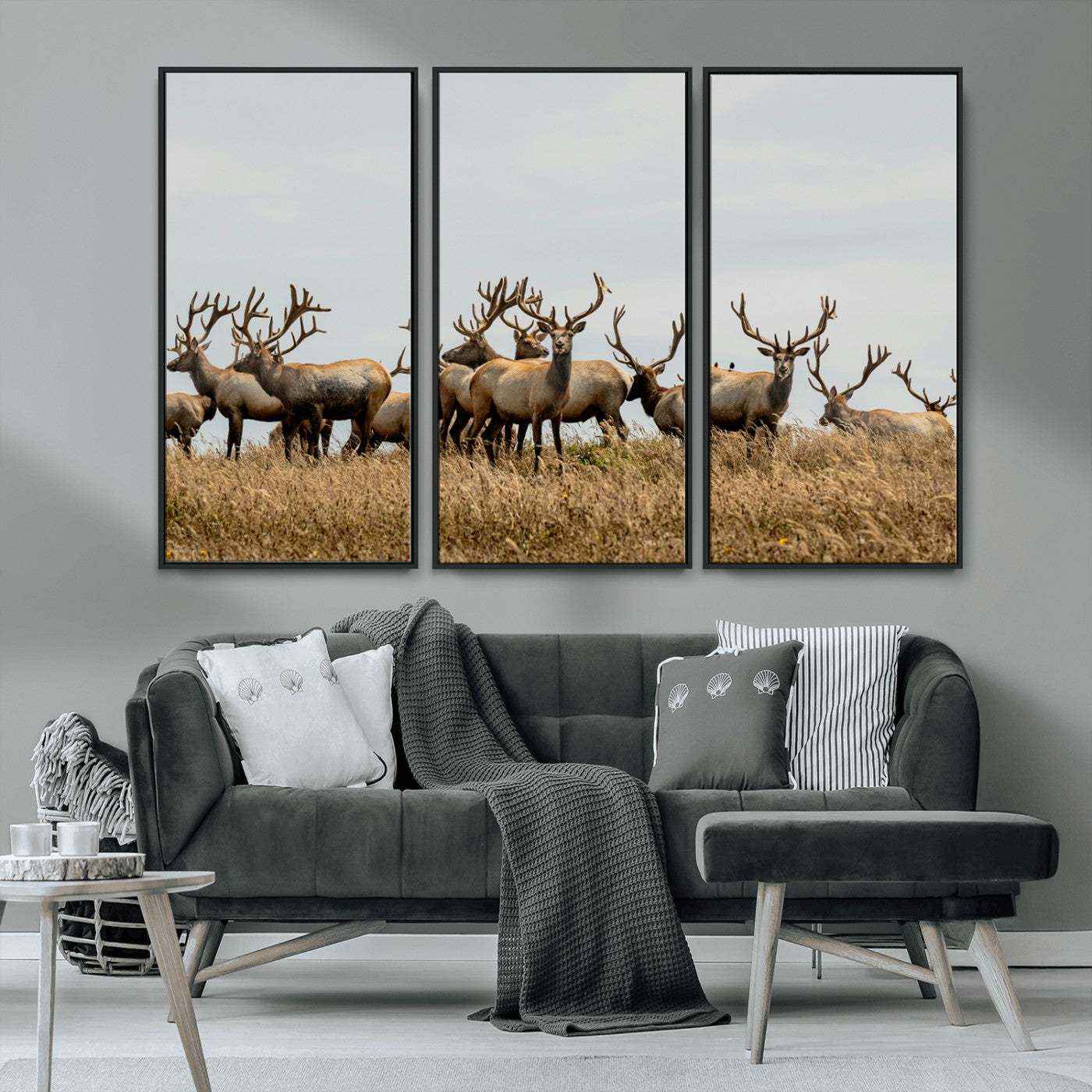 MGV-FC-48X32-3P - Elk Herd Wall Art Canvas Print, Framed Wildlife Photography Art Picture Print, Majestic Antlers Perfect Rustic Wildlife Decor Artwork