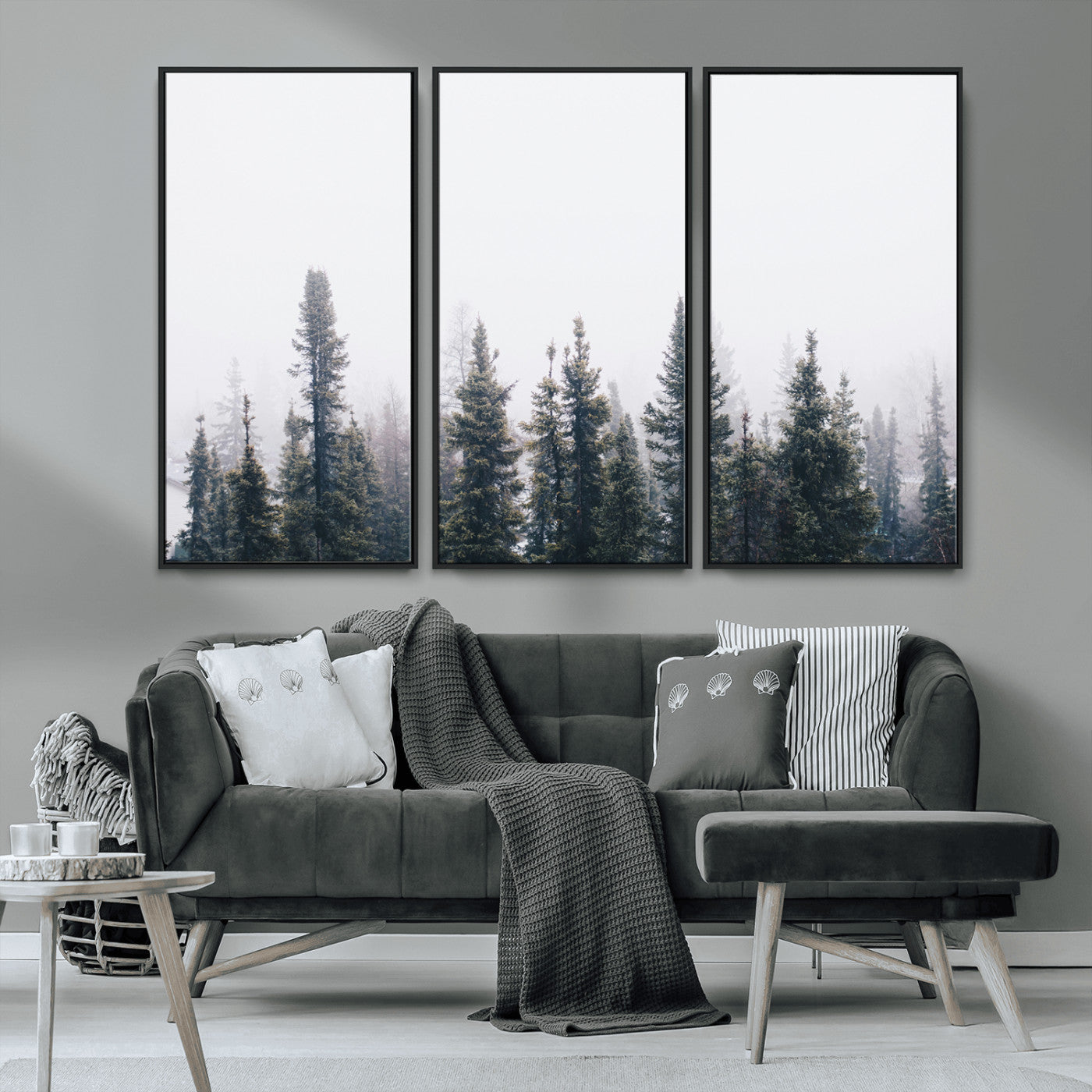 MGV-FC-48X32-3P - Foggy Forest Wall Art Canvas Print, Framed Misty Pines Art Picture Print, Moody Woodland Perfect Scandinavian Minimalist Decor Artwork