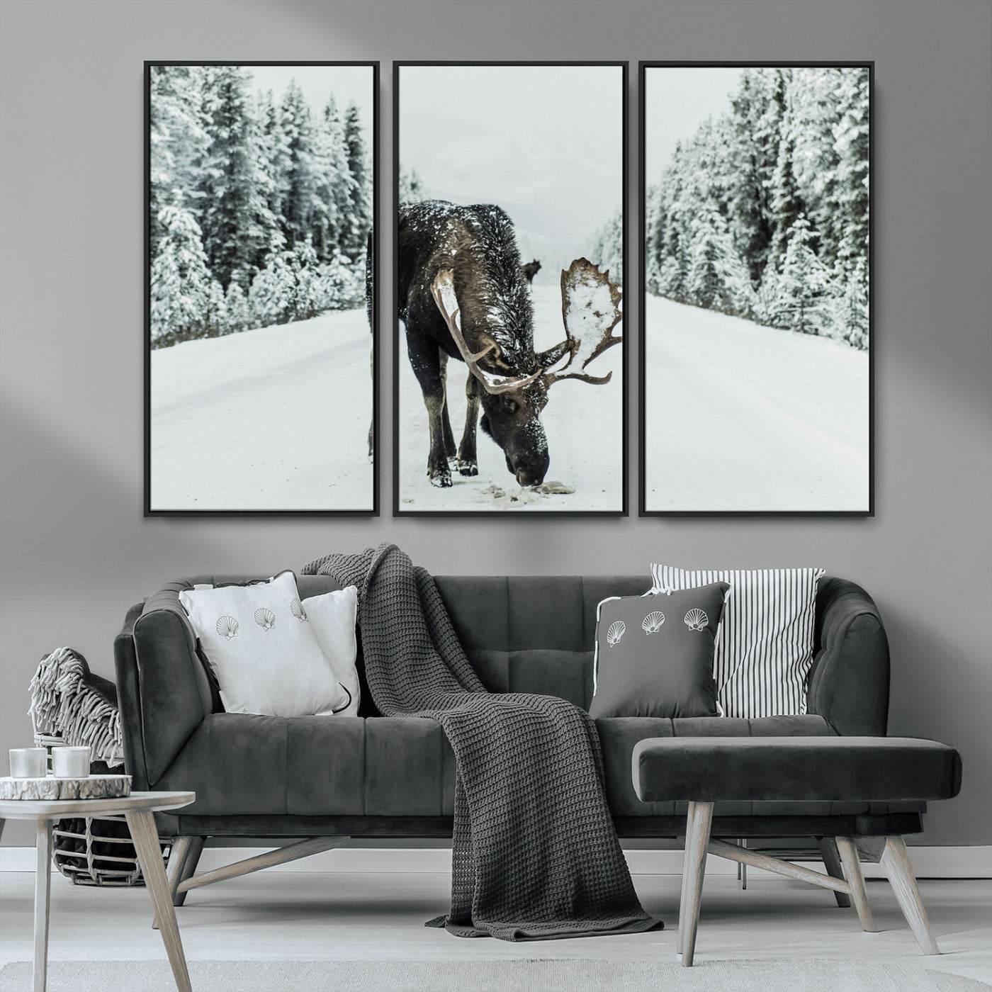 MGV-FC-48X32-3P - Moose in Snow Wall Art Canvas Print, Framed Winter Wildlife Art Picture Print, Snowy Forest Scene Perfect Rustic Lodge Decor Artwork