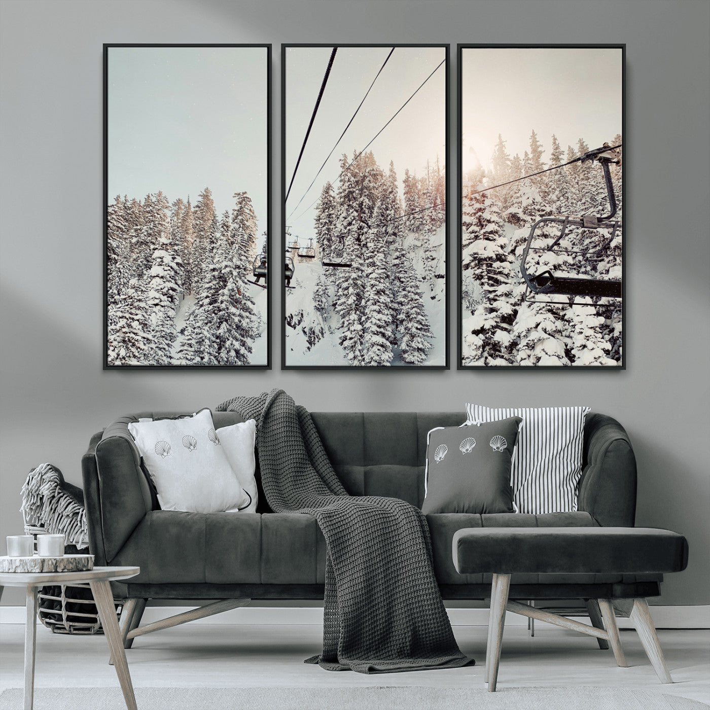 MGV-FC-48X32-3P - Frosty Pines Wall Art Canvas Print, Framed Cozy Cabin View Art Picture Print, Ski Lift Ride Perfect Rustic Lodge Decor Artwork