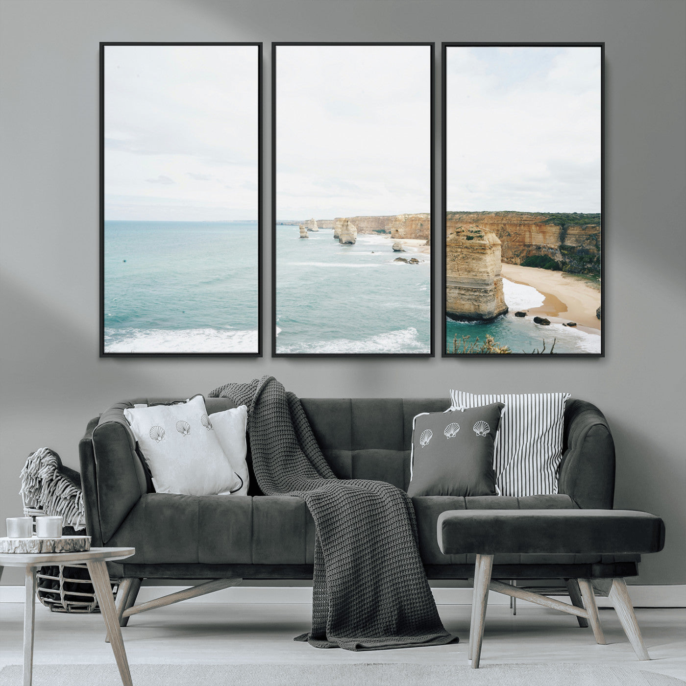 MGV-FC-48X32-3P - Twelve Apostles Wall Art Canvas Print, Framed Coastal Cliffs Art Picture Print, Rugged Rock Formations Perfect Minimalist Coastal Decor Artwork