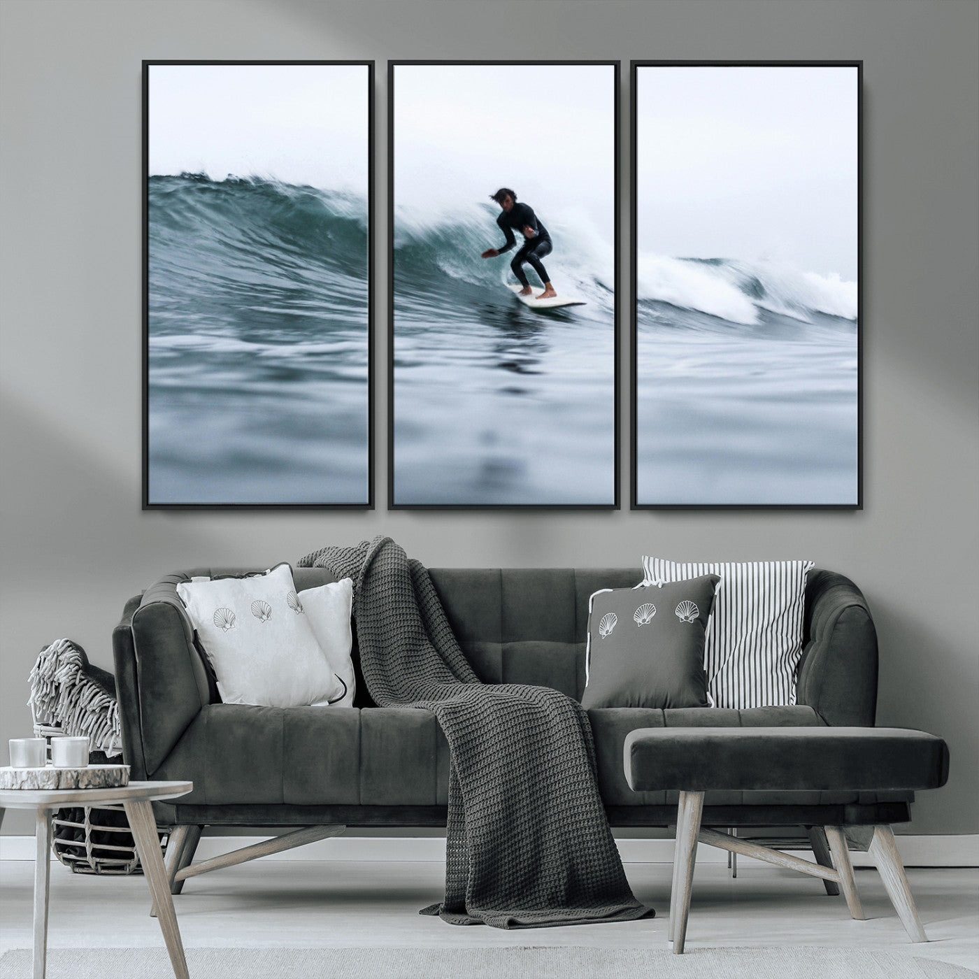MGV-FC-48X32-3P - Surfer on Wave Wall Art Canvas Print, Framed Ocean Adventure Art Picture Print, Motion Blur Water Perfect Coastal Adventure Decor Artwork