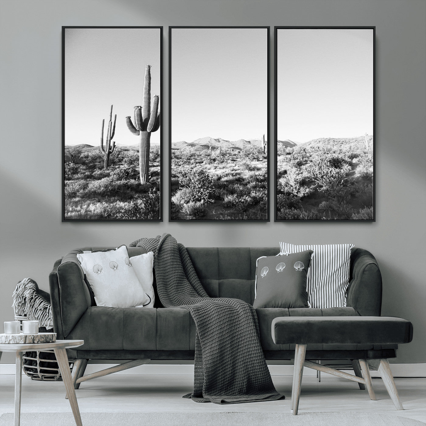 MGV-FC-48X32-3P - Saguaro Cactus Wall Art Canvas Print, Framed Monochrome Landscape Art Picture Print, Scenic Arizona View Perfect Minimalist Western Decor Artwork