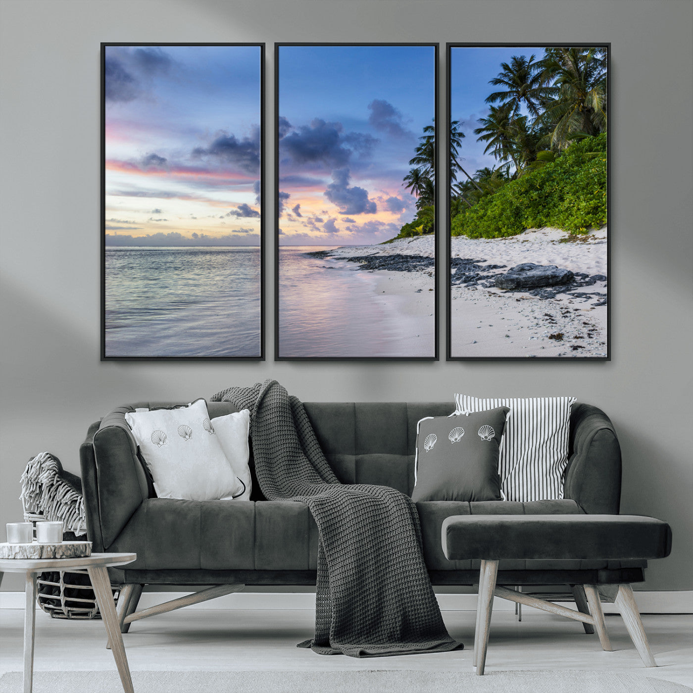 MGV-FC-48X32-3P - Tropical Beach Wall Art Canvas Print, Framed Sunset Glow Art Picture Print, Palm Tree Coast Perfect Tropical Coastal Decor Artwork
