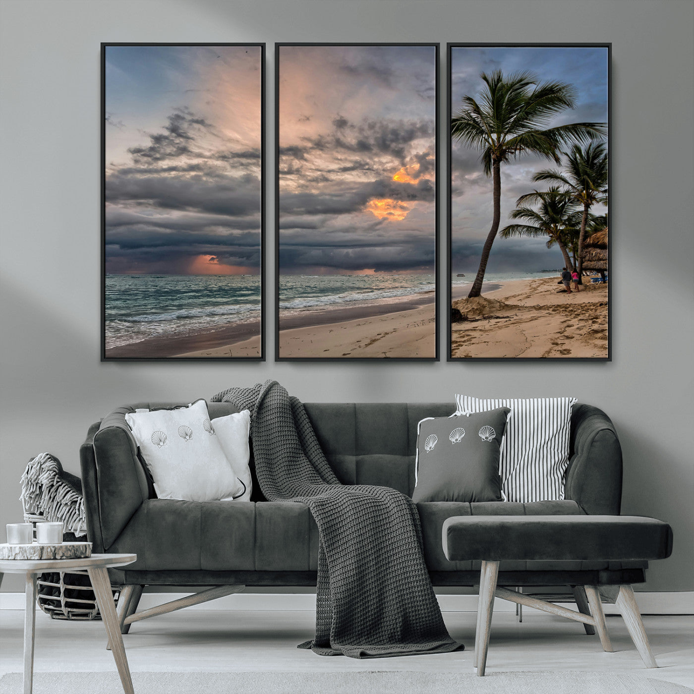 MGV-FC-48X32-3P - Tropical Storm Wall Art Canvas Print, Framed Moody Beach Art Picture Print, Dramatic Sky Perfect Tropical Coastal Decor Artwork