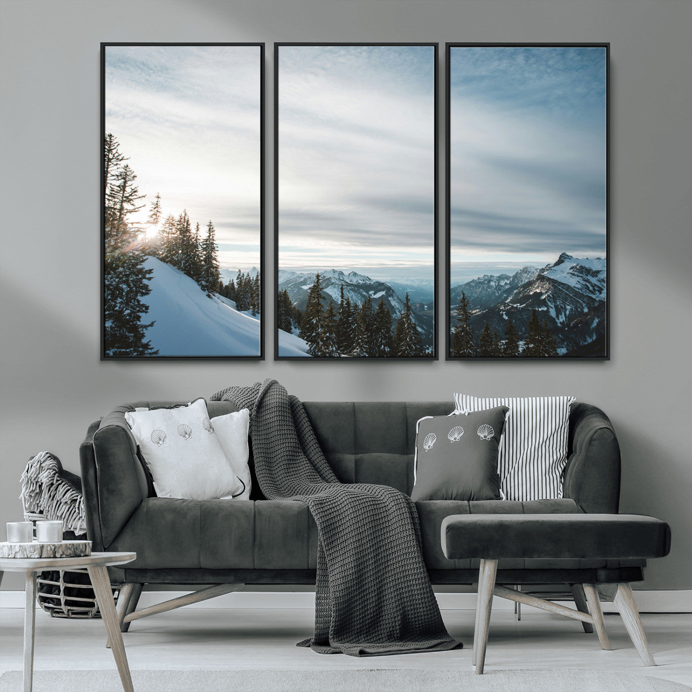 MGV-FC-48X32-3P - Snowy Mountains Wall Art Canvas Print, Framed Alpine Landscape Art Picture Print, Frosty Peaks Perfect Nordic Minimalist Decor Artwork