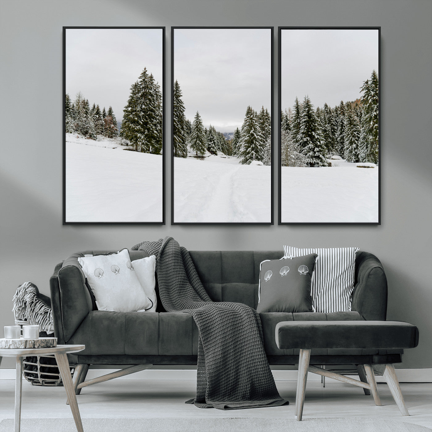 MGV-FC-48X32-3P - Frosty Pines Wall Art Canvas Print, Framed Silent Snowfall Art Picture Print, Cozy Cabin Vibes Perfect Nordic Minimalist Decor Artwork