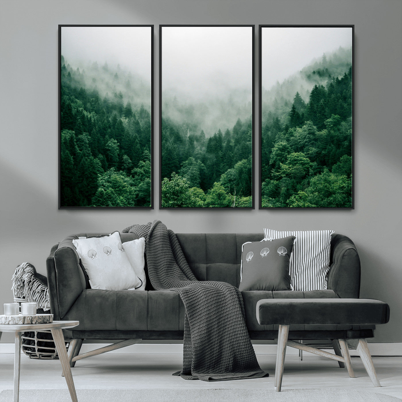 MGV-FC-48X32-3P - Misty Green Forest Canvas Print – Serene Foggy Pine Landscape Wall Art, Tranquil Nature Decor for
