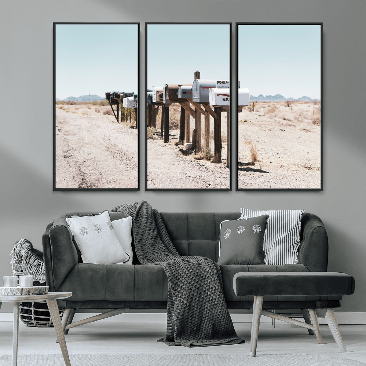 MGV-FC-48X32-3P - Desert Mailboxes Canvas Print – Minimal Western Landscape Photography, Rustic Americana Wall Art for