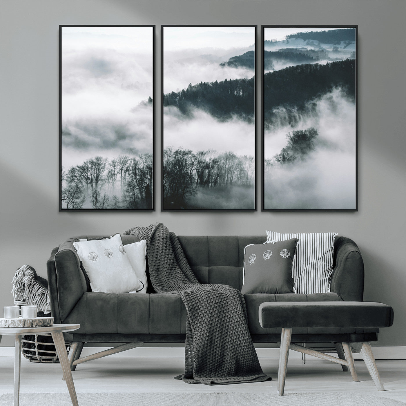 67569654-MGV-CV-36X24-Foggy Forest Landscape Wall Art Canvas Print – Misty Mountain Valley Scene in Monochrome Tones, Perfect for Minimalist or Nordic Home Decor