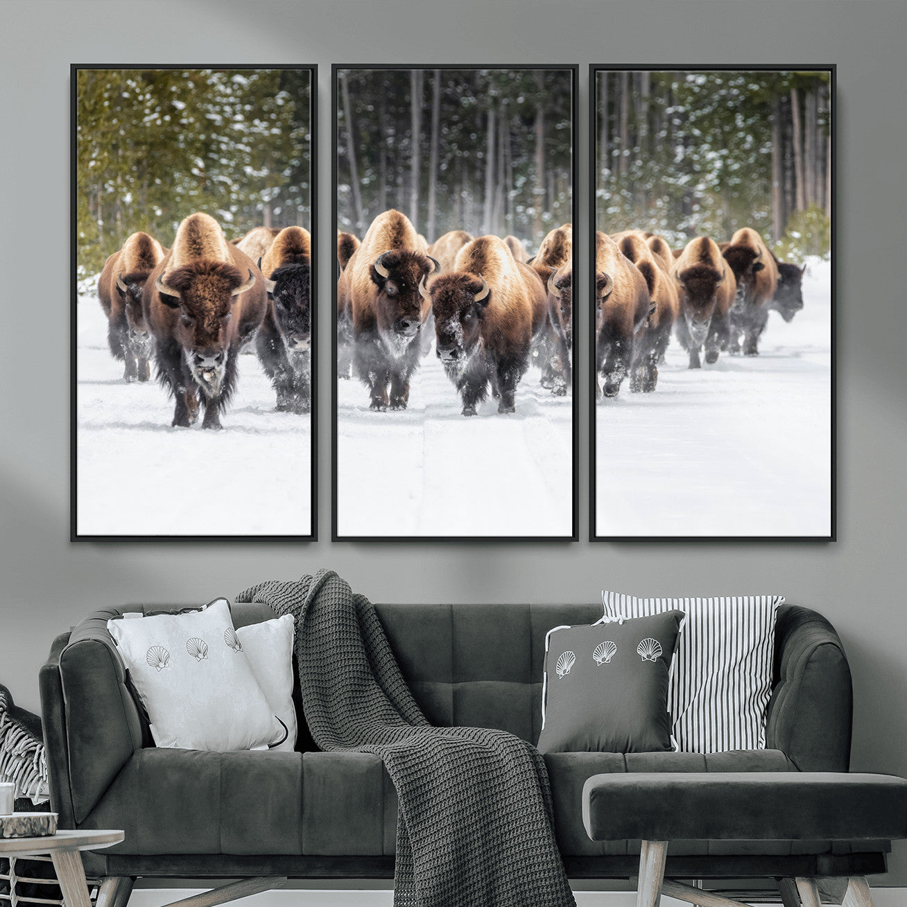 96906195-MGV-FC-48X32-3P - American Bison Herd Snow Canvas Wall Art – Powerful Winter Wildlife Print of Buffalo Motion, Rustic Lodge or Western Cabin Decor for Living Room, Office