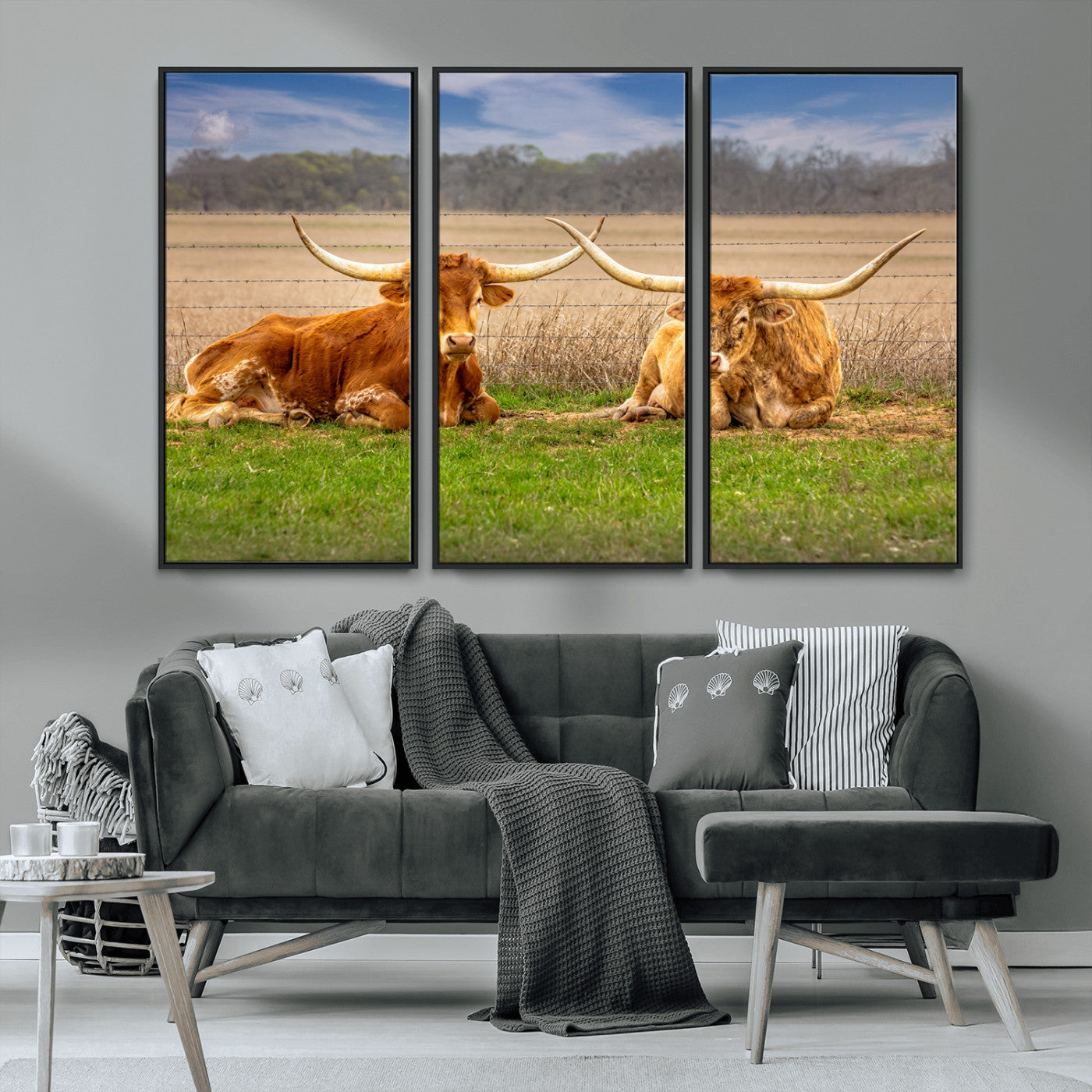 54598515-MGV-CV-36X24-Texas Longhorn Pair Wall Art Canvas Print – Peaceful Rustic Ranch Scene with Two Cattle in Field, Perfect for Western Farmhouse Home Decor