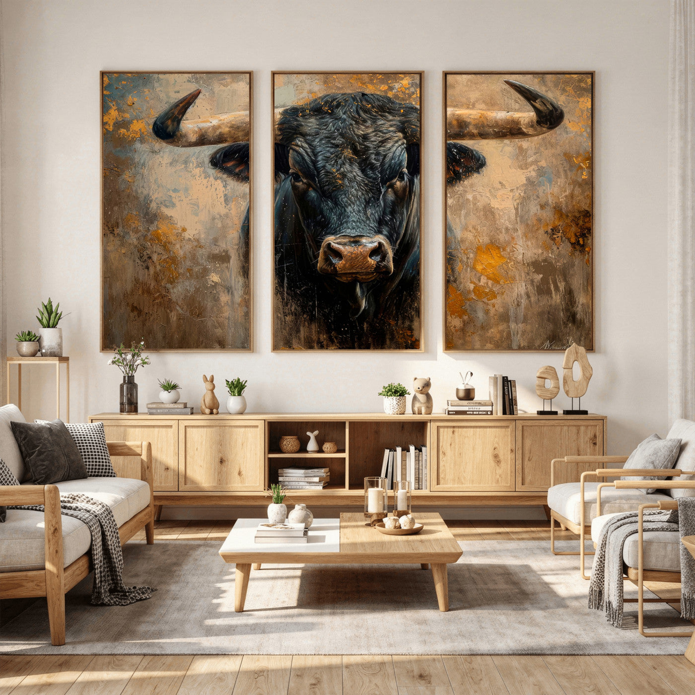 91615410-MGV-CV-36X24 - Abstract Texas Longhorn Bull Wall Art – Rustic Farmhouse Canvas Print, Western Cabin Style Decor, Large Animal Artwork for Living Room or Office