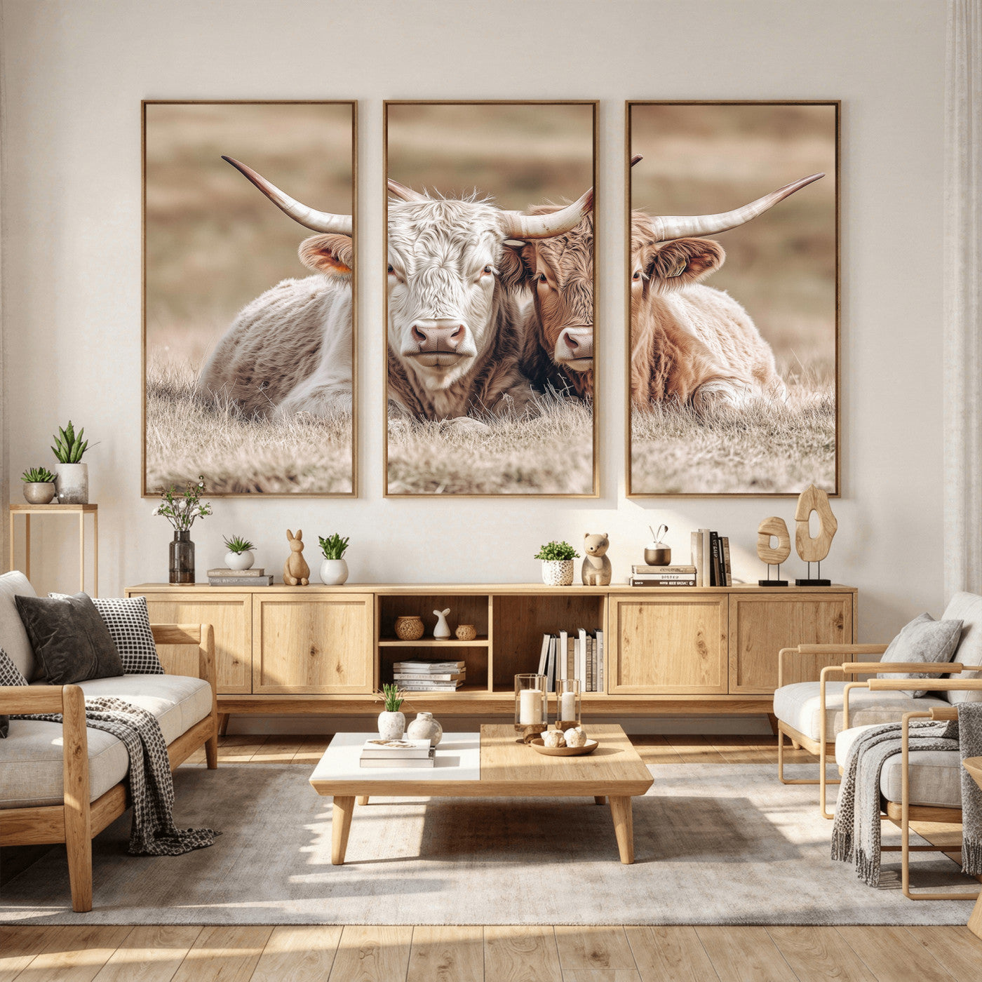 38651722-MGV-CV-36X24 - Highland Cows Meadow Canvas Wall Art – Peaceful Cow Photography Print, Rustic Farmhouse Animal Decor for Country Home, Living Room, Office