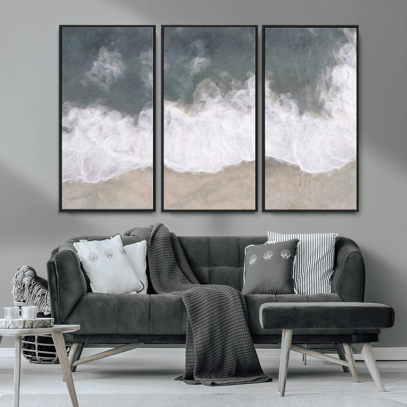 Wall art canvas print featuring foamy ocean waves softly rolling onto a sandy shore with a dreamy, painterly texture.