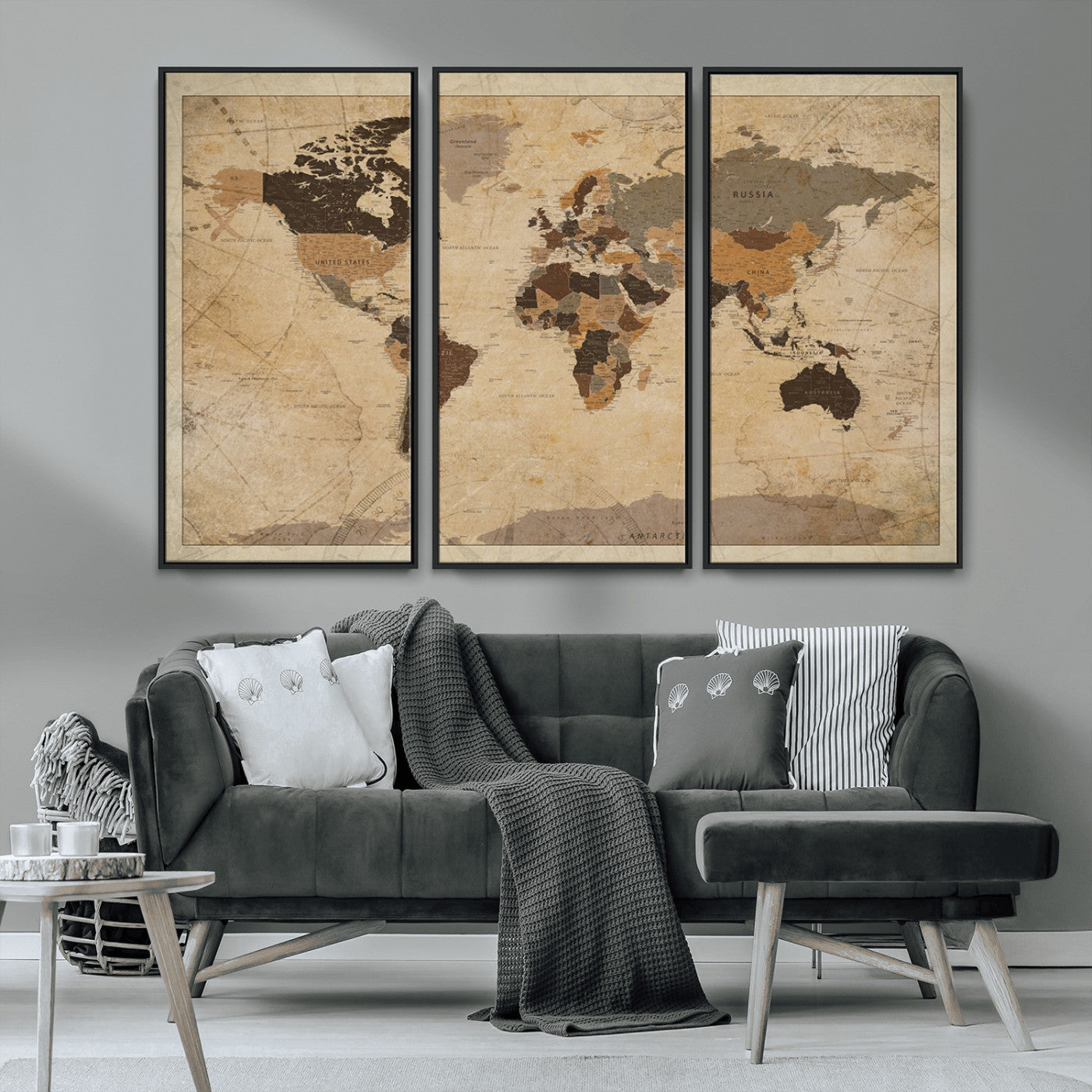 Vintage-style world map with muted brown, beige, and sepia tones, showing countries and continents with a weathered paper texture background.