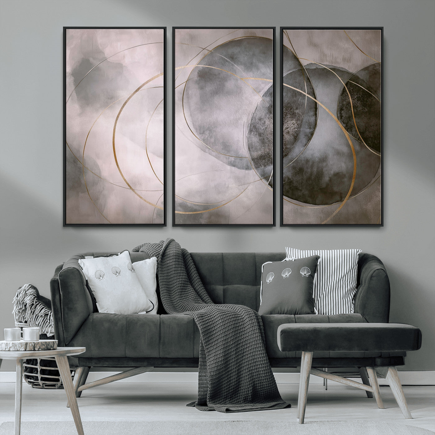 MGV-FC-48X32-3P - Wall Art Canvas Print Abstract Gray Black Gold Circles Soft Texture Modern Minimalist Artistic Home Decor Contemporary Elegant Stylish Unique