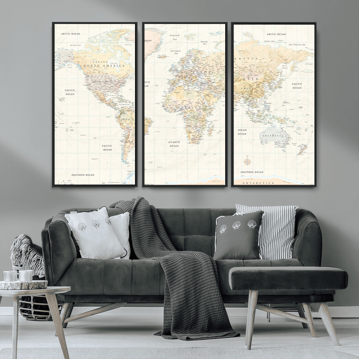 An antique-style world map showing continents, countries, and oceans with soft beige tones, detailed borders, and classic typography, enhanced by a subtle grid overlay and a vintage compass rose.