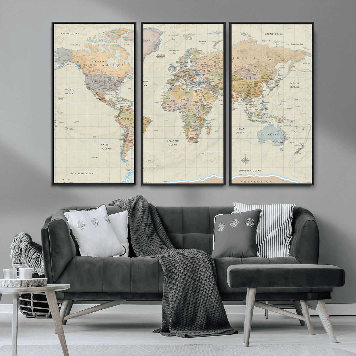 A detailed vintage-style political world map displaying continents, countries, and oceans with clear borders and labels, set on a beige textured background with grid lines.