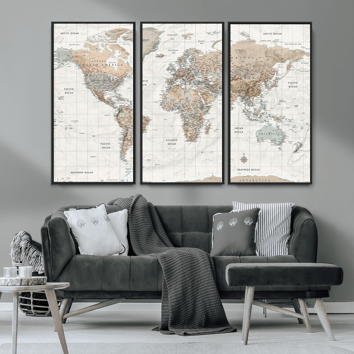 Vintage world map with detailed country borders and labels, featuring soft earthy tones of beige, brown, and gray on a textured parchment background, including oceans, continents, and major cities.