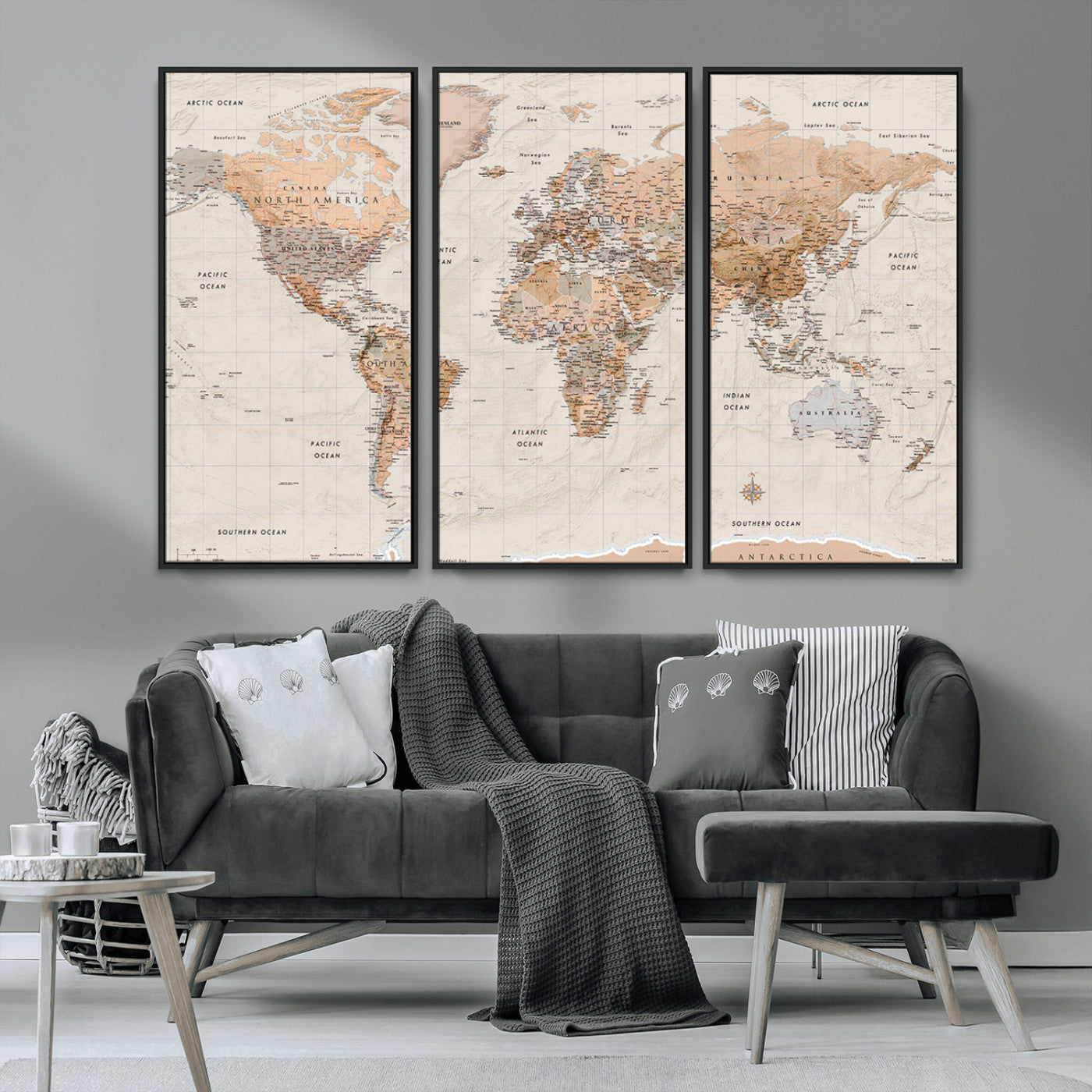 Detailed vintage world map with warm earth tones showing country borders, oceans, continents, and major cities, styled with a textured parchment background.