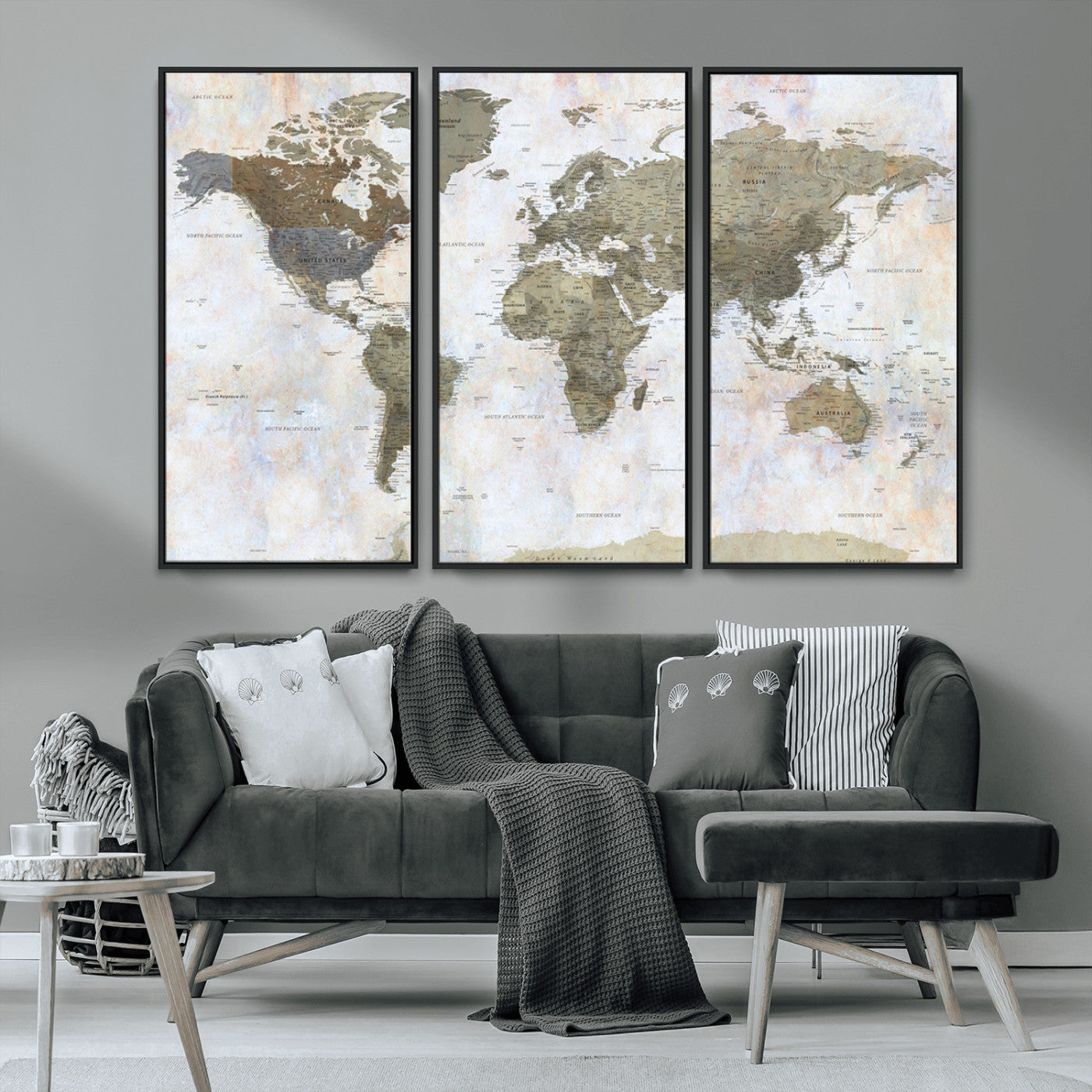 World map printed on a textured canvas with soft muted earth tones and a weathered background, showing detailed countries and continents, perfect for vintage-style wall art.