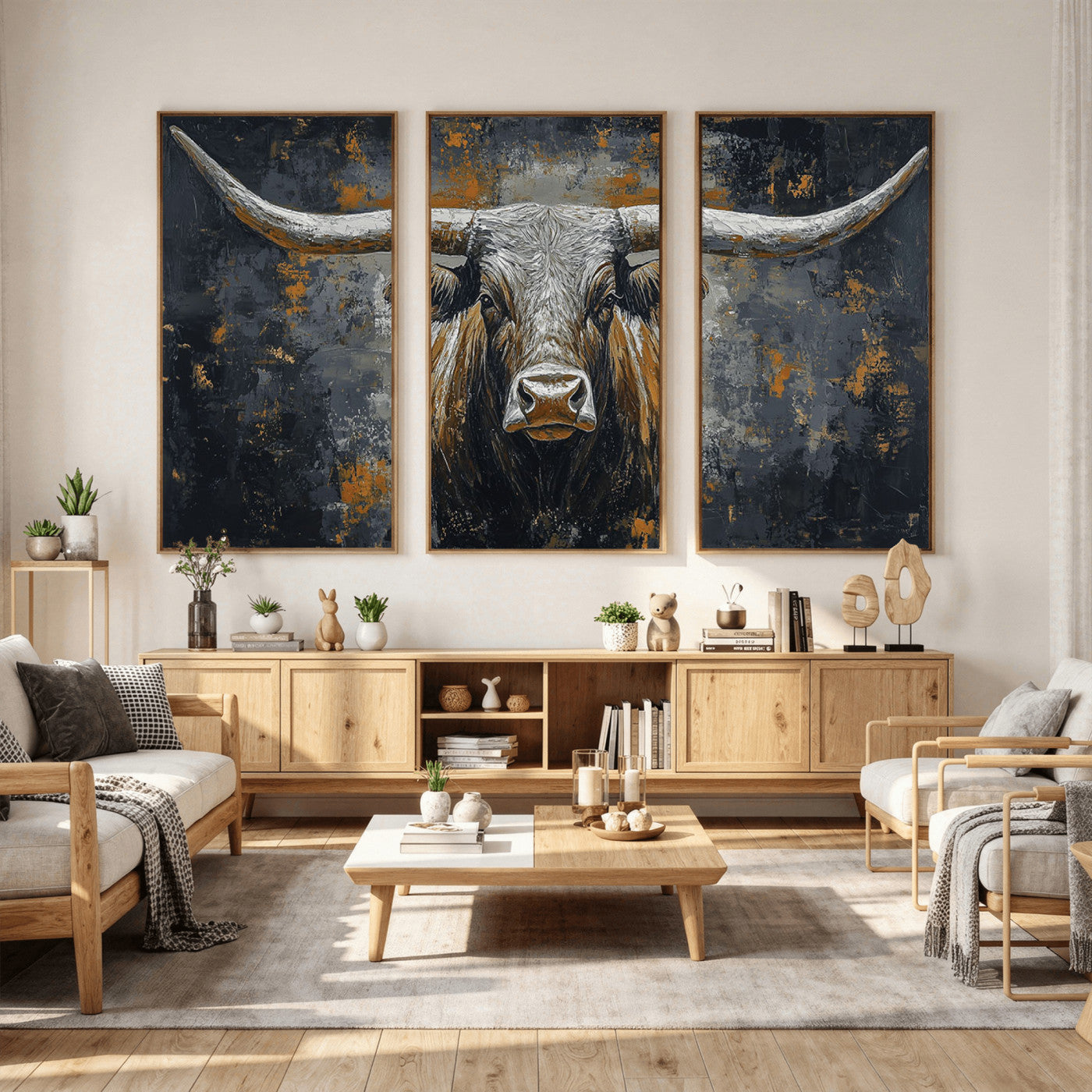 73972561-MGV-CV-36X24 - Bold Bull Wall Art Canvas – Striking Portrait with Wide Horns and Rich Brown Hues, Rustic Farmhouse and Western Decor for Home Room