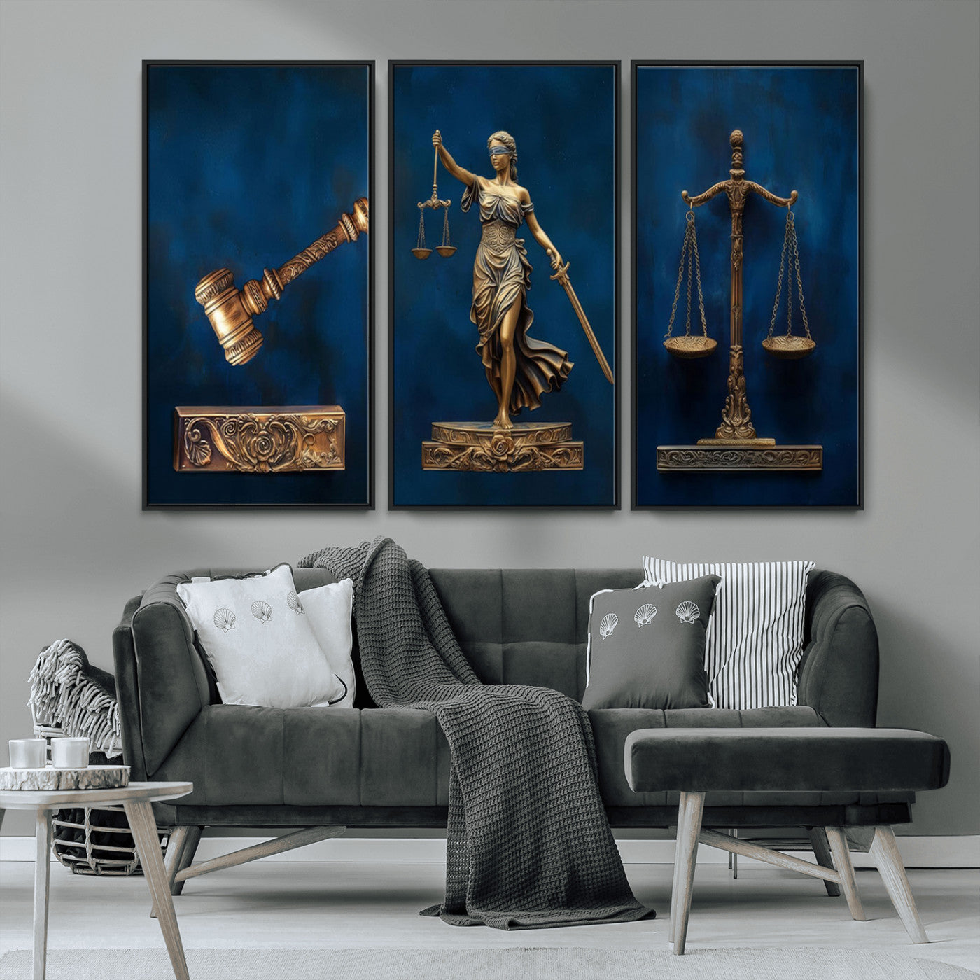 MGV-FC-48X32-3P - Lady Justice Wall Art Canvas Print – Elegant Gold Legal Symbols on Blue Background, Perfect for Law