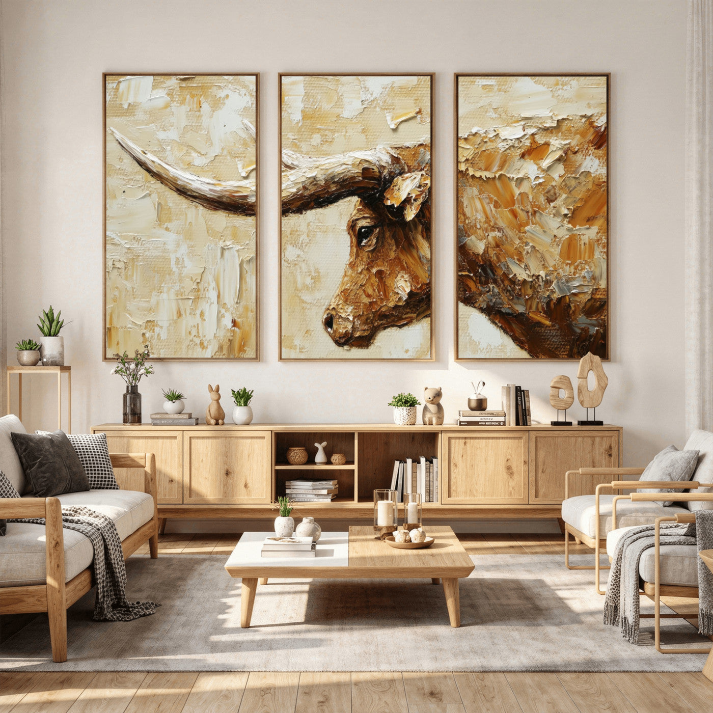 69611428-MGV-CV-36X24 - Rustic Longhorn Bull Wall Art Canvas Print – Vintage Western Cattle Painting, Texas Abstract Wall Cow Prints