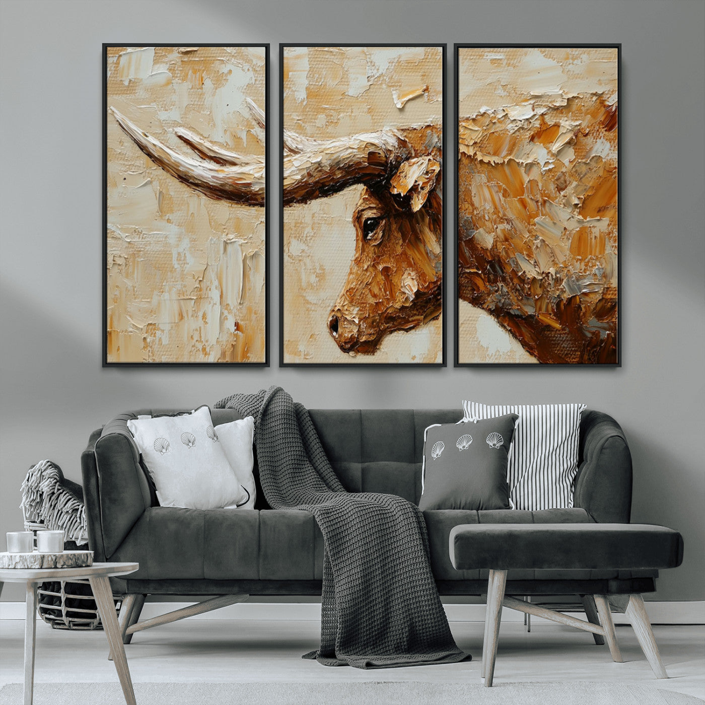 MGV-FC-48X32-3P - Rustic Longhorn Bull Wall Art Canvas Print – Vintage Western Cattle Painting, Texas Steer Artwork