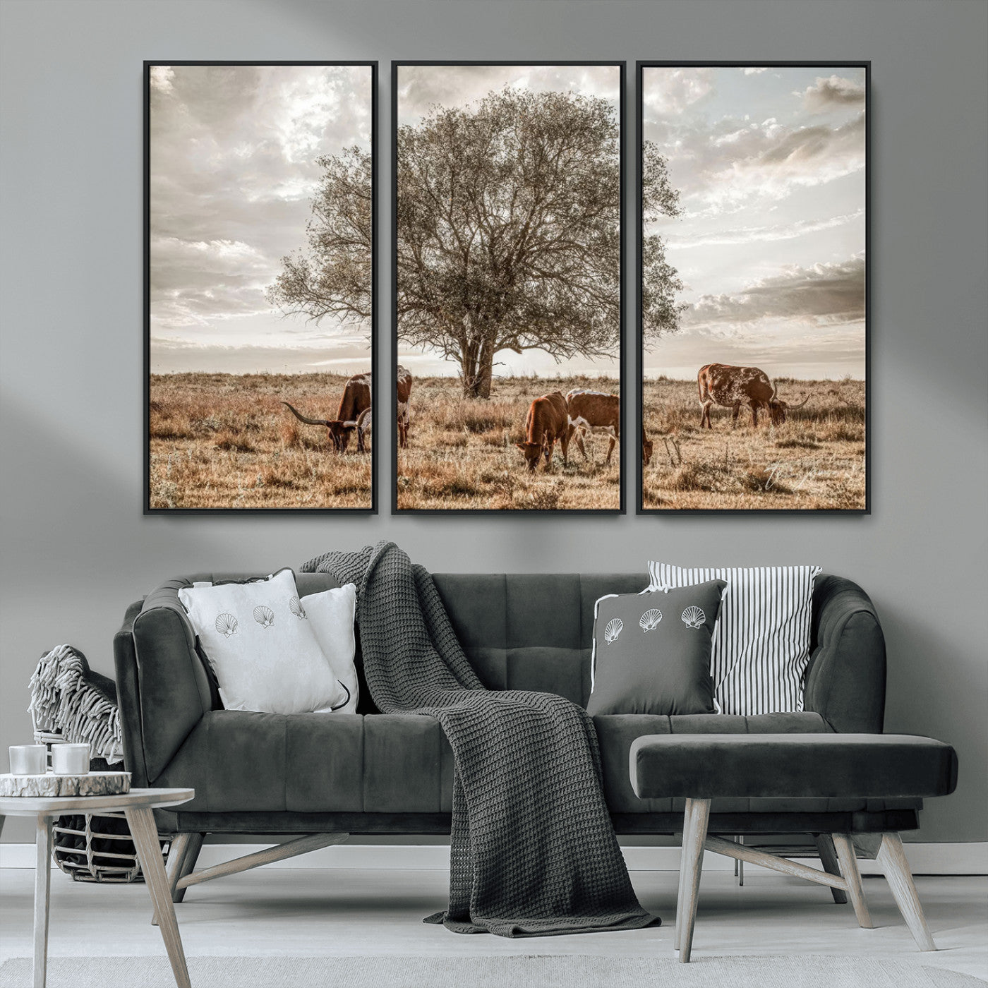 Texas Longhorn Cattle Wall Art Canvas Print – Rustic Western Ranch Scene with Steers at Sunset, Perfect for Farmhouse or Cowboy Decor