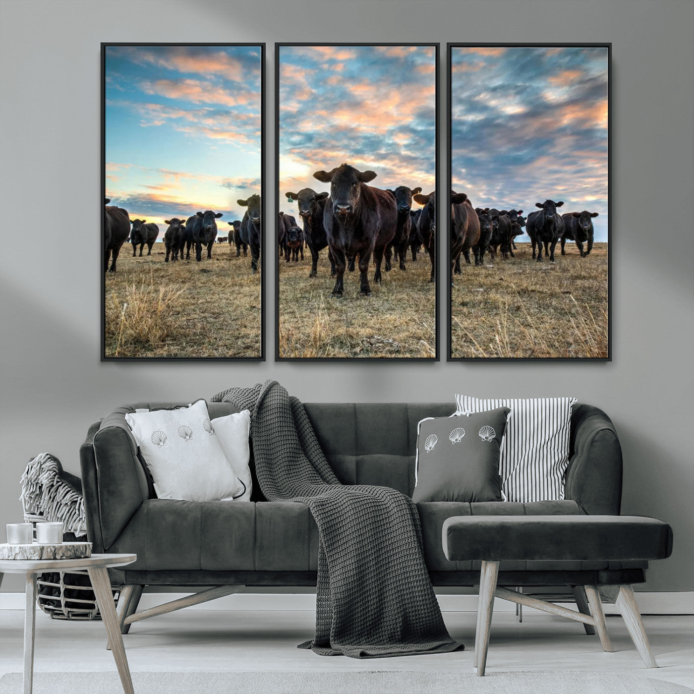 13867292-MGV-CV-36X24-Texas Longhorn Cattle Wall Art Canvas Print – Rustic Western Ranch Scene with Steers at Sunset, Perfect for Farmhouse or Cowboy Decor