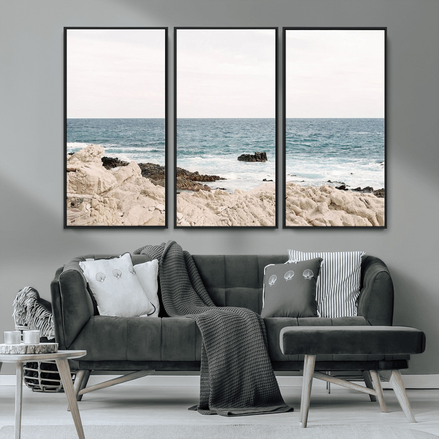 25481980-MGV-CV-36X24-Coastal Ocean View Wall Art Canvas Print – Serene Rocky Shoreline and Blue Sea Photography for Coastal Chic or Minimalist Home Decor