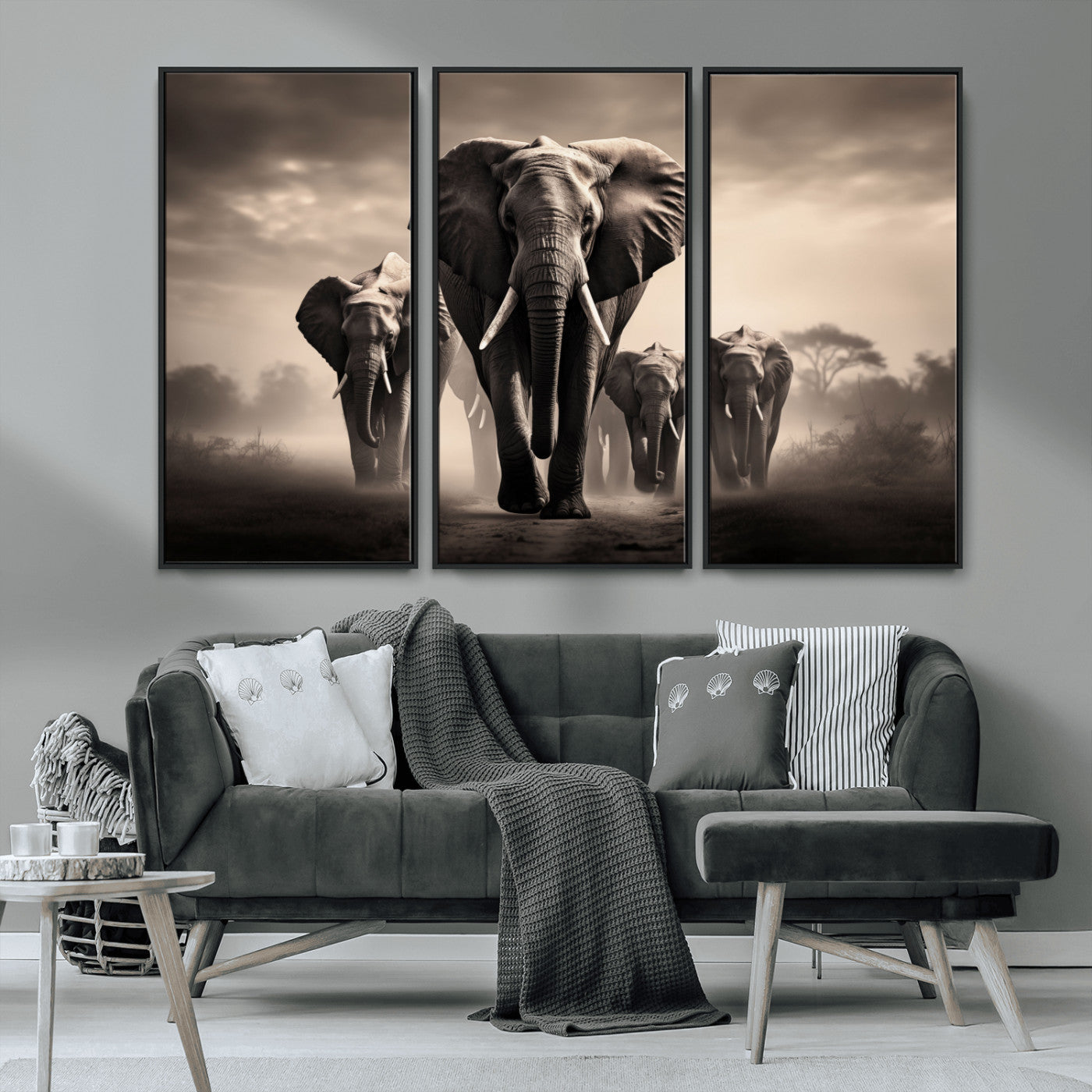 MGV-FC-48X32-3P - Elephant Family Wall Art Canvas Print, Framed Elephant Wall Art Home Decor