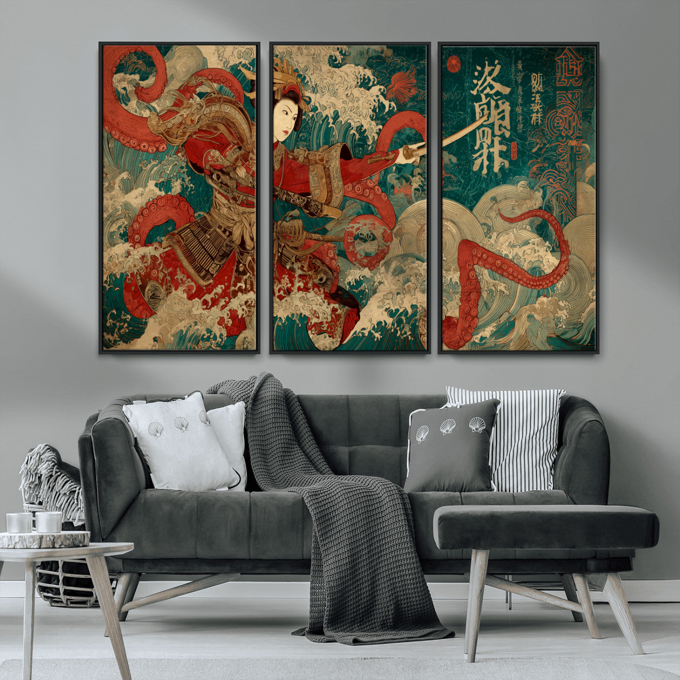 MGV-FC-48X32-3P - Tsukioka Yoshitoshi Samurai Wall Art Print, Japanese Katana Warrior Canvas Wall Art, Octopus Sea Monster Canvas Print,