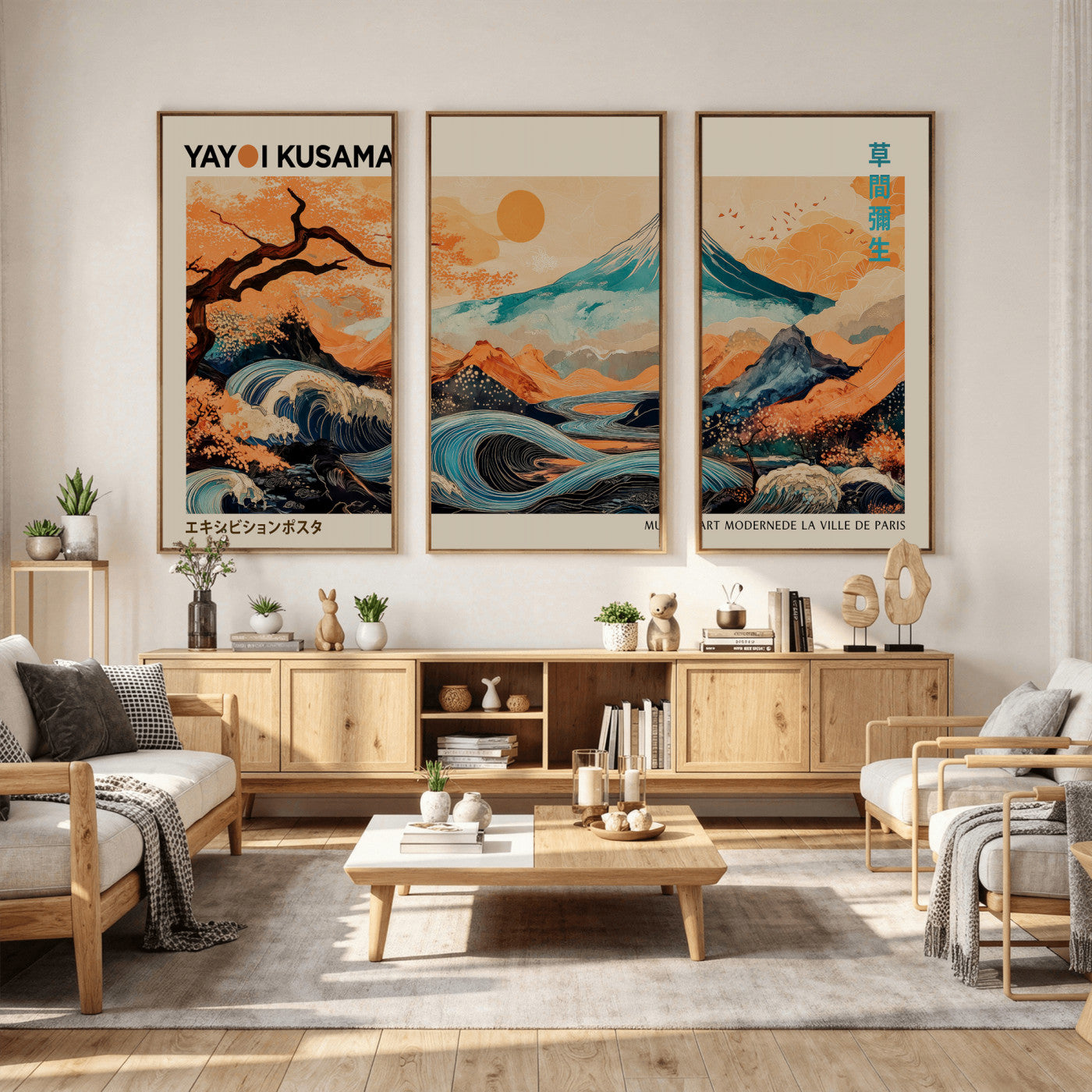 94085549-MGV-CV-36X24 - Yayoi Kusama Japanese Landscape Wall Art Canvas Print – Modern Abstract Mount Fuji Wall Art - Japanese Waves & Autumn Trees Print